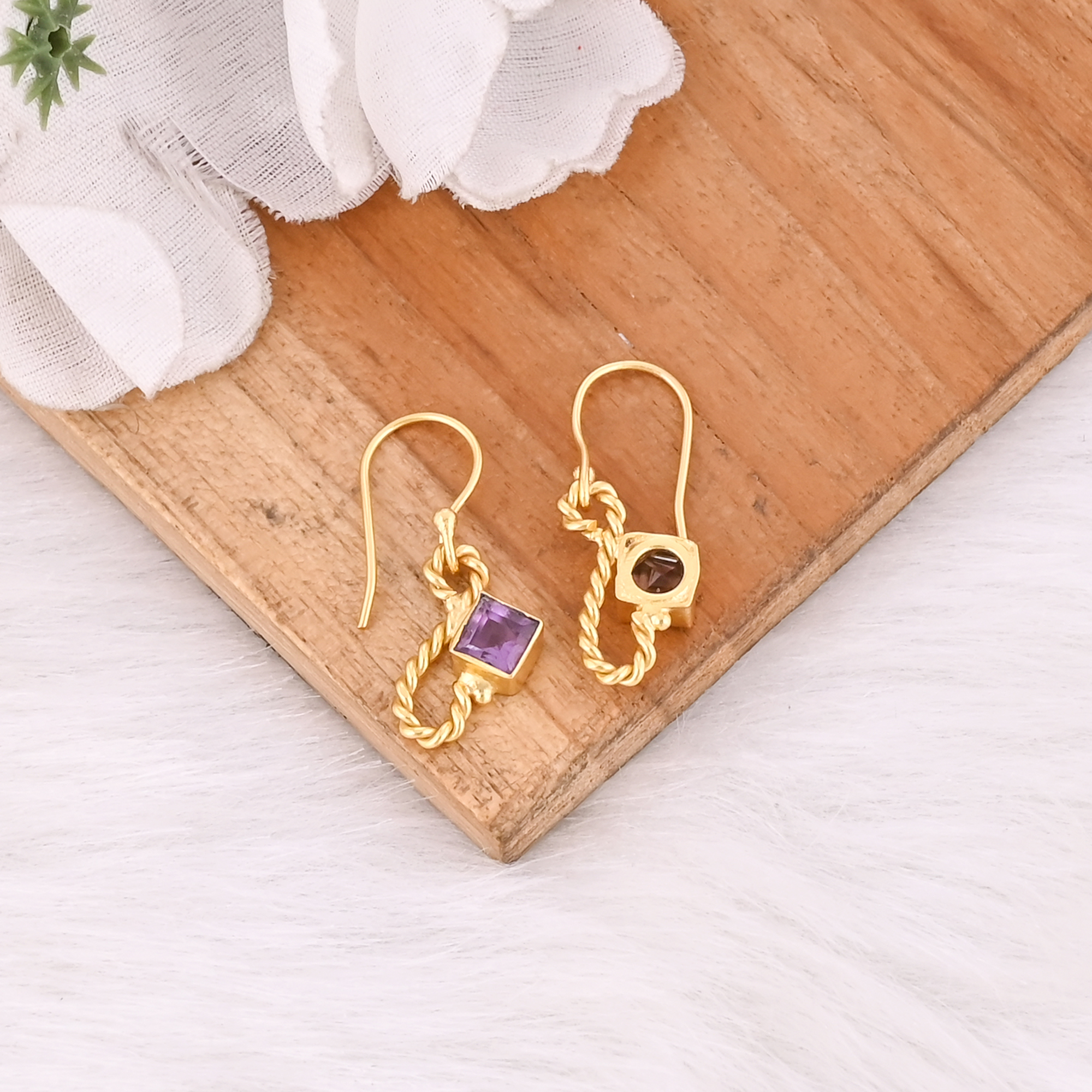 Natural Purple Amethyst Gold Plated Square Hook Earrings For Women