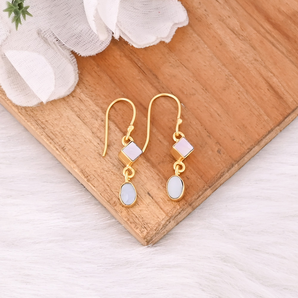 Image of Mother of Pearl Two Stone Earrings Handmade Gemstone Jewelry for Women