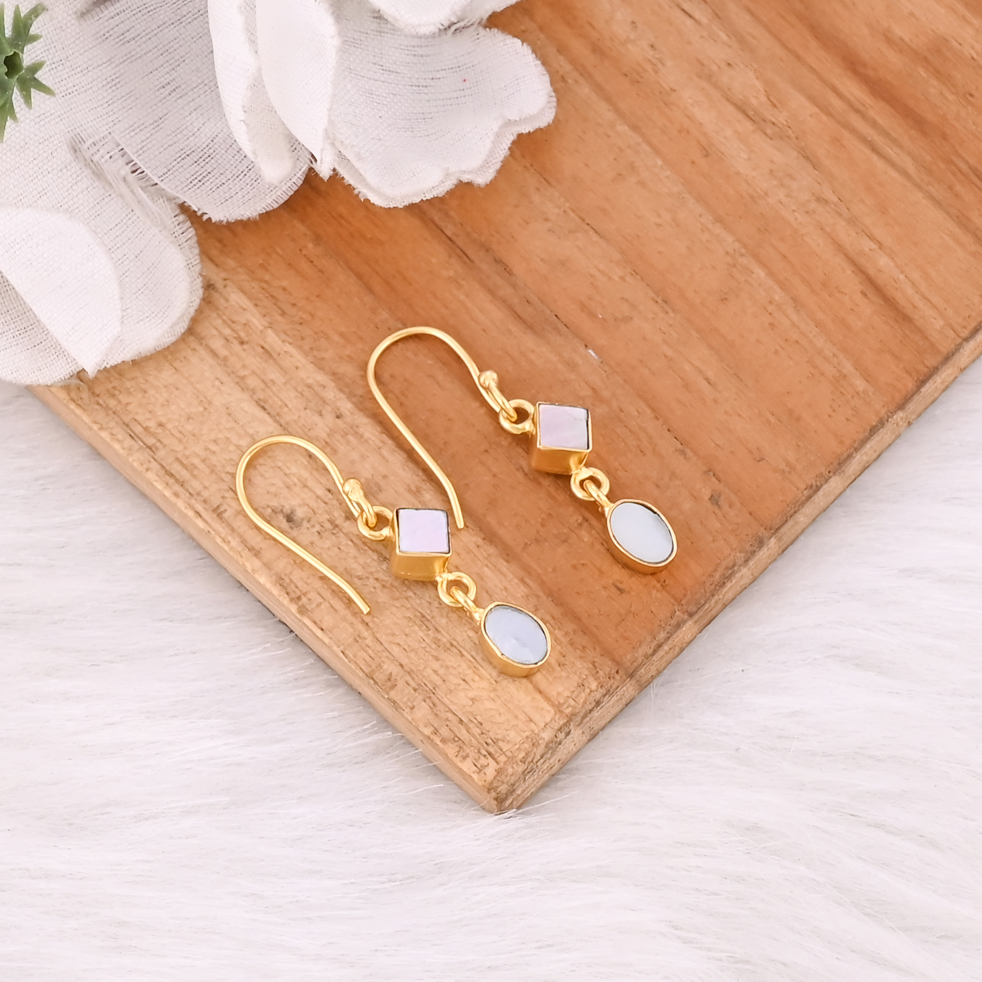 Mother of Pearl Two Stone Earrings Handmade Gemstone Jewelry for Women