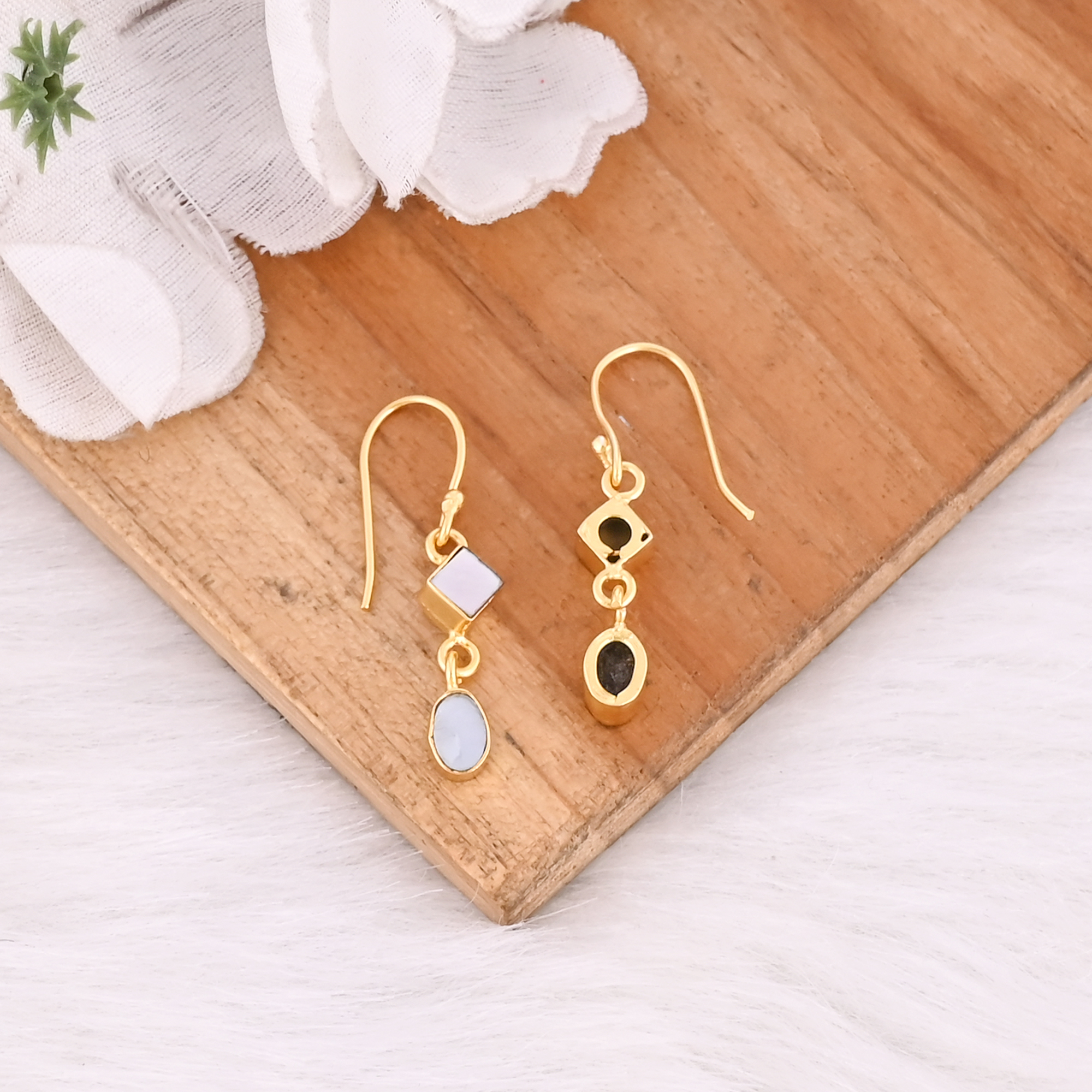 Mother of Pearl Two Stone Earrings Handmade Gemstone Jewelry for Women