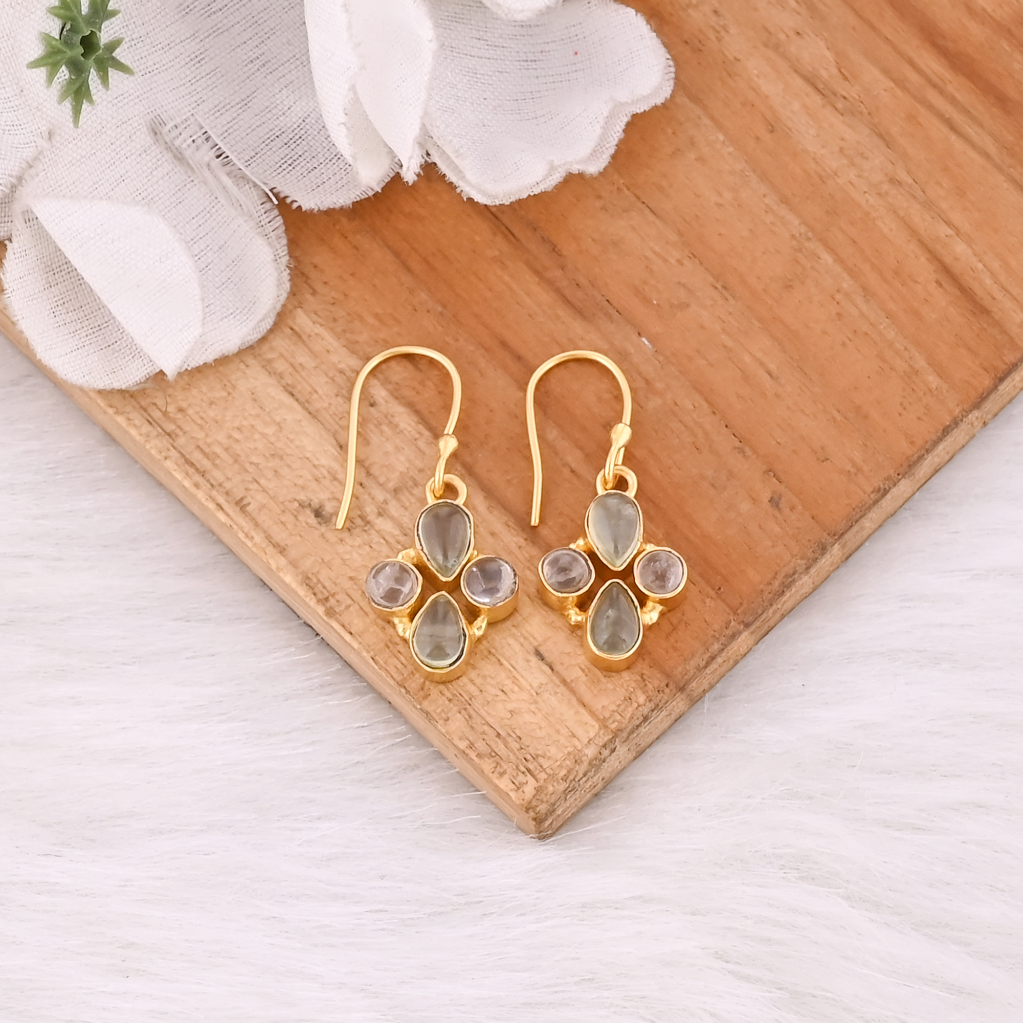 Elegant Prehnite  Rose Quartz Dual Gemstone  Earrings For Women