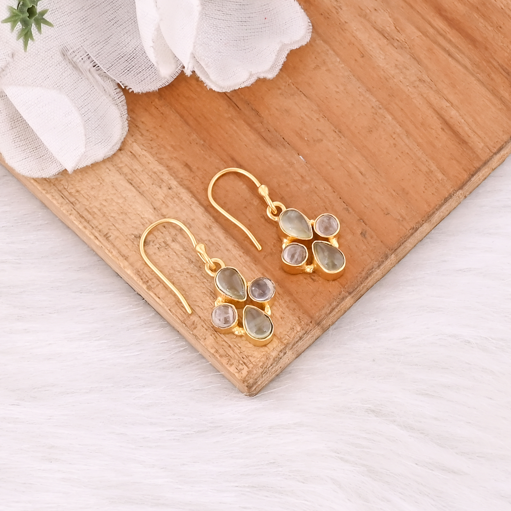 Elegant Prehnite  Rose Quartz Dual Gemstone  Earrings For Women