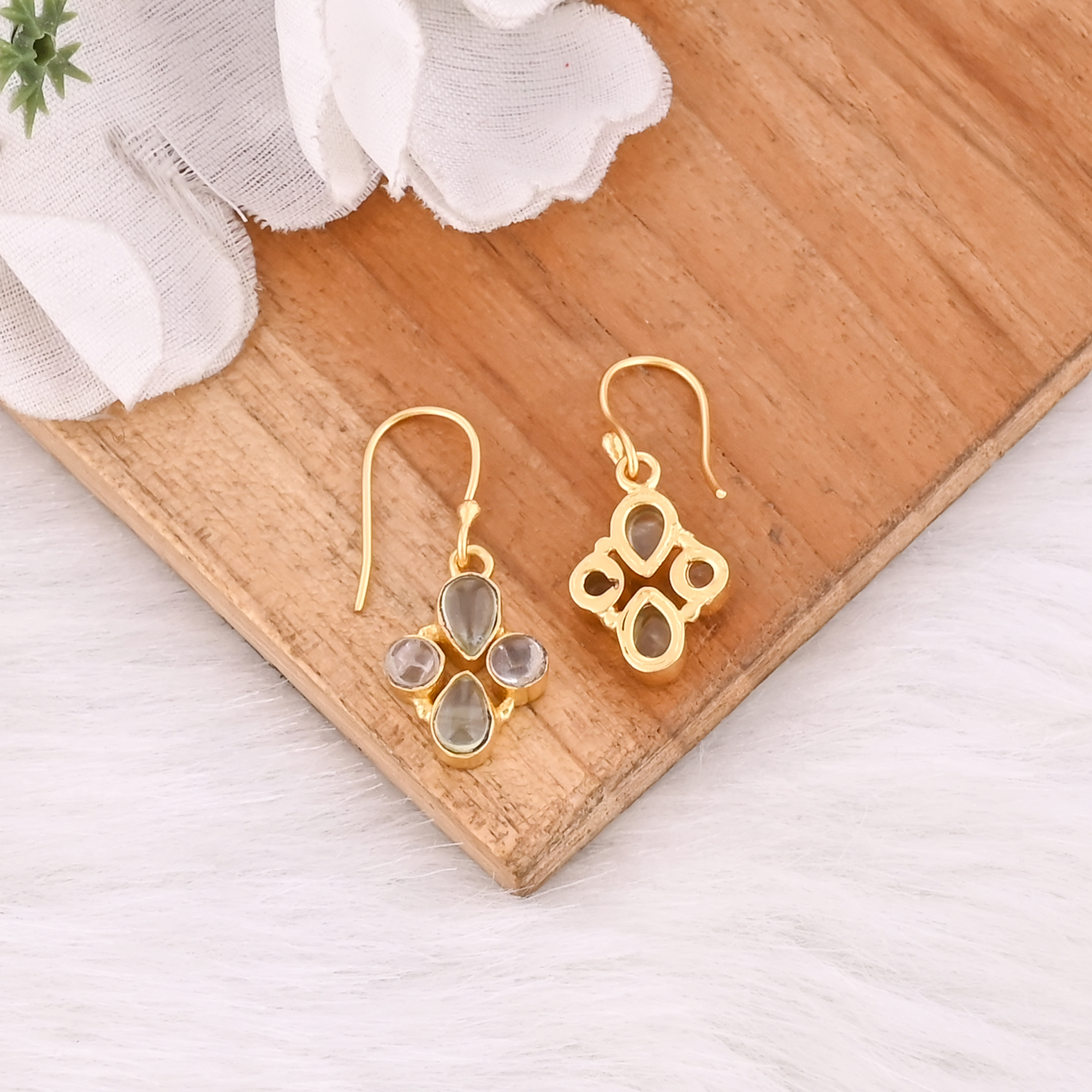 Elegant Prehnite  Rose Quartz Dual Gemstone  Earrings For Women