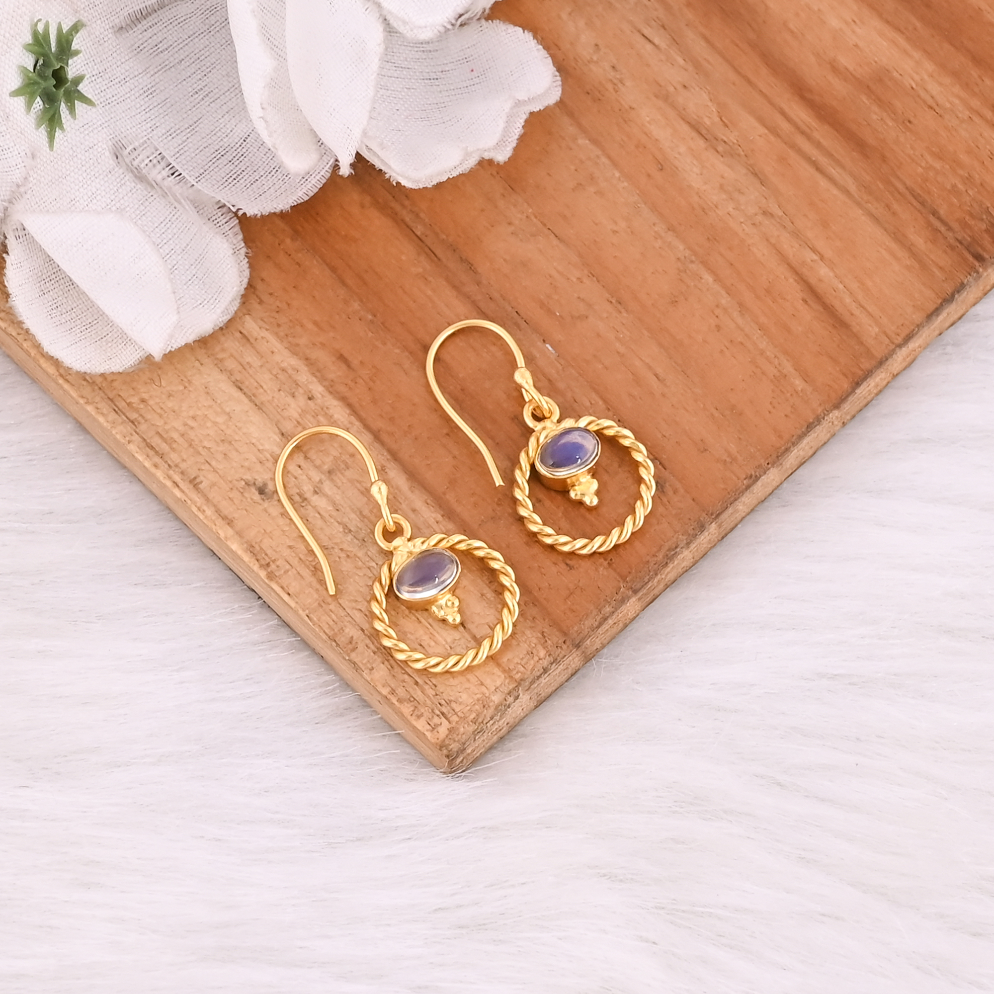Natural Opalite Oval Shape Gold Plated Hook Gemstone Earrings For Women