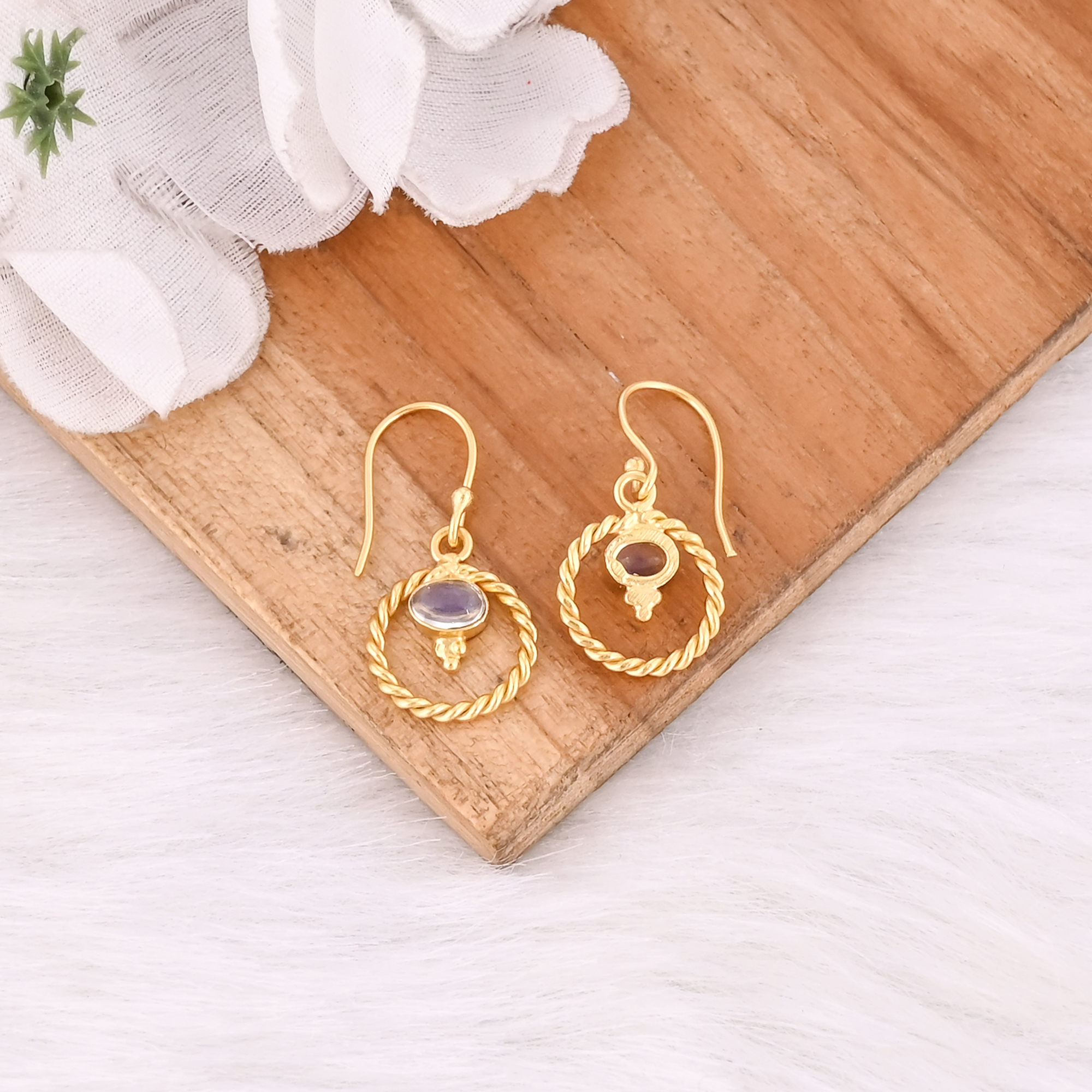 Natural Opalite Oval Shape Gold Plated Hook Gemstone Earrings For Women