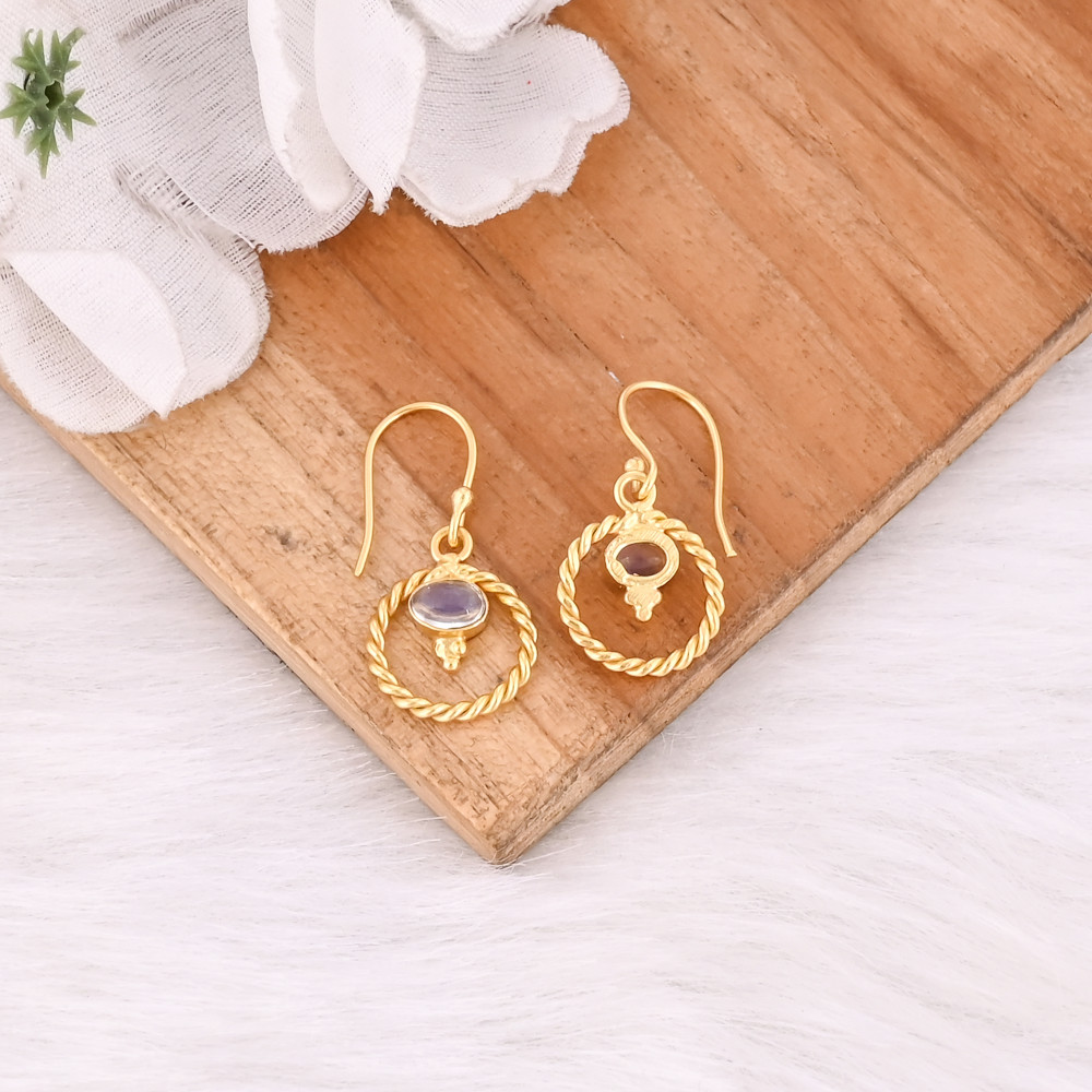 Image of Natural Opalite Oval Shape Gold Plated Hook Gemstone Earrings For Women