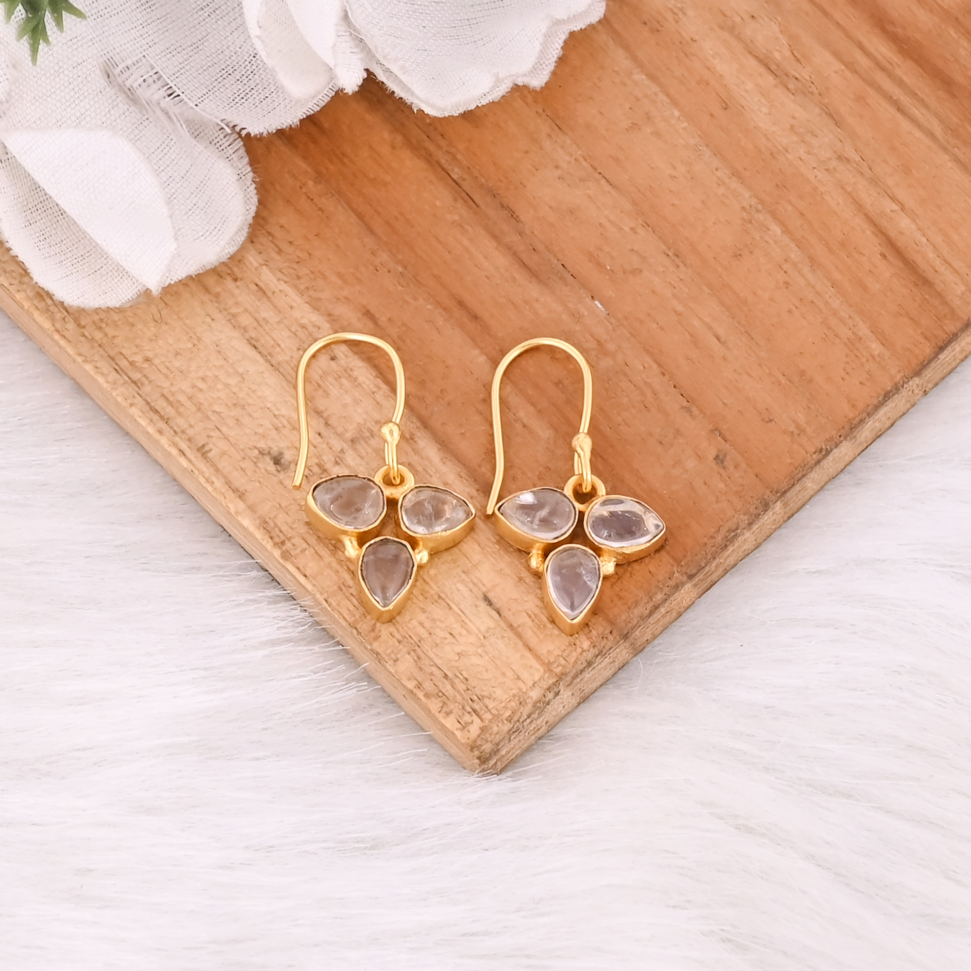Natural Rose Quartz Leaf Earrings Handcrafted Gemstone Jewelry For Women