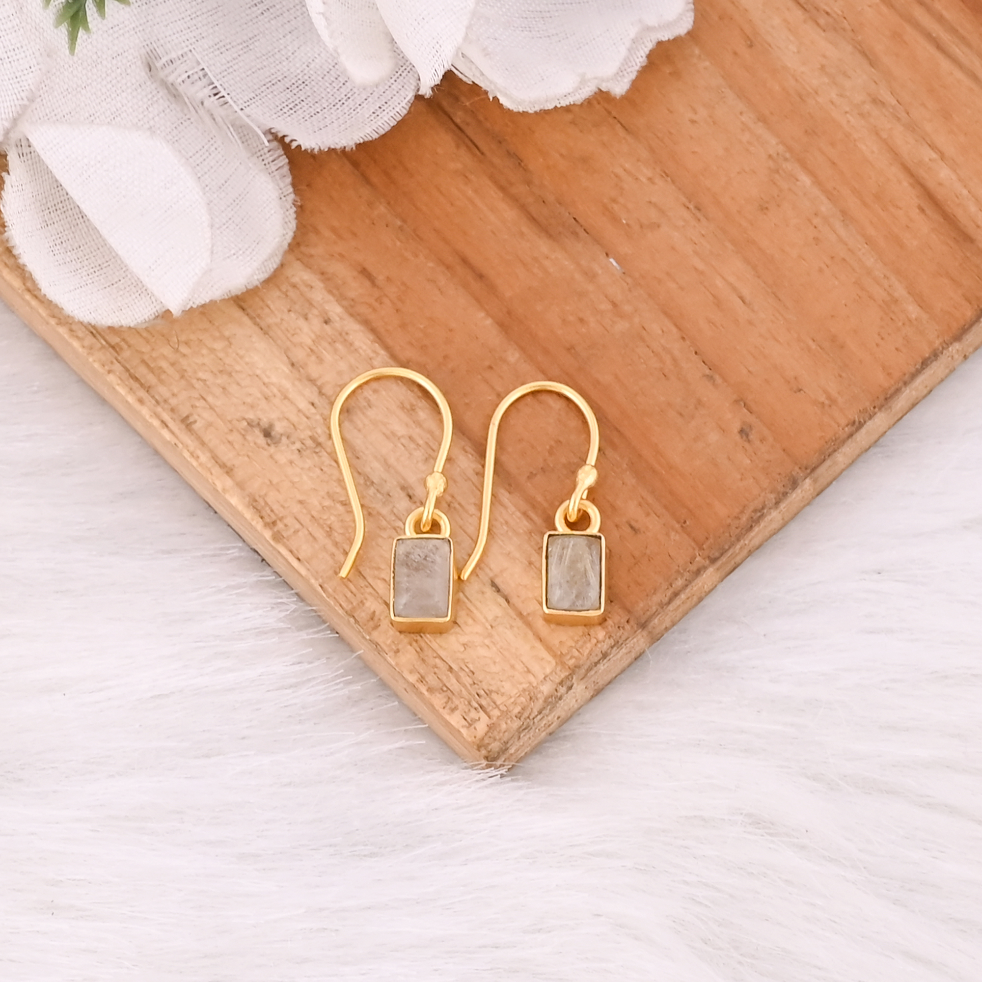 Minimalist Golden Rutile Rectangle Cut Earrings Handmade Gemstone Jewelry For Women