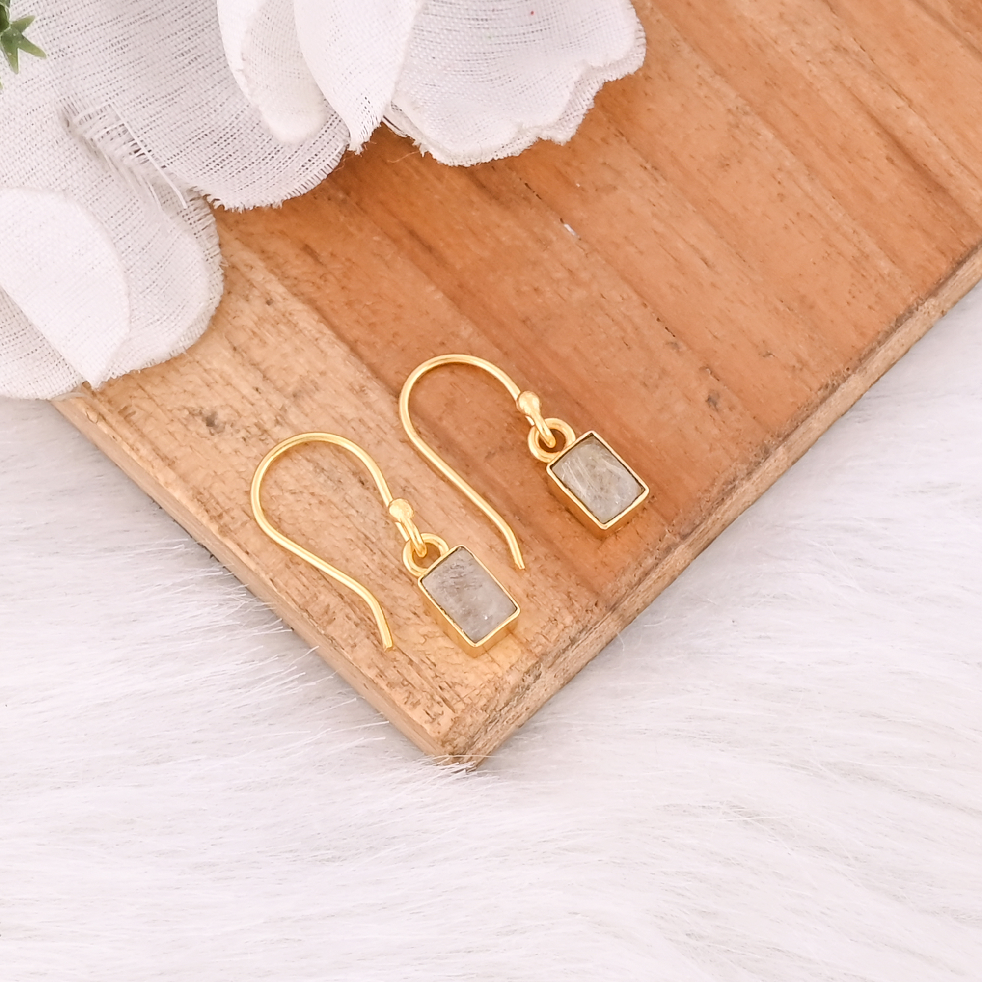 Minimalist Golden Rutile Rectangle Cut Earrings Handmade Gemstone Jewelry For Women