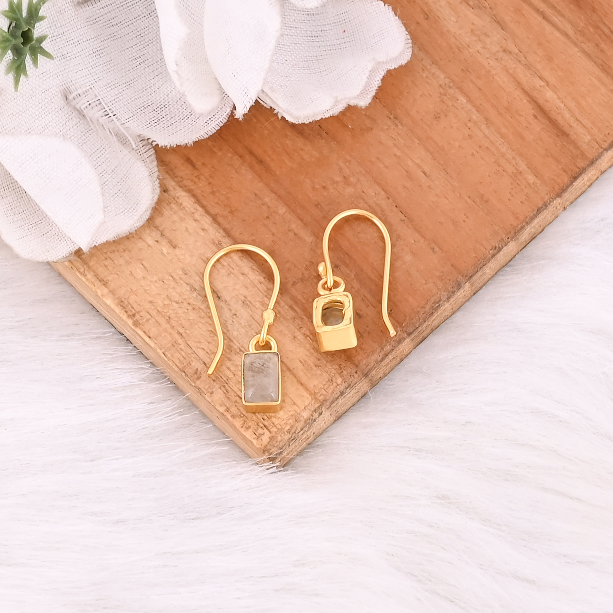 Minimalist Golden Rutile Rectangle Cut Earrings Handmade Gemstone Jewelry For Women