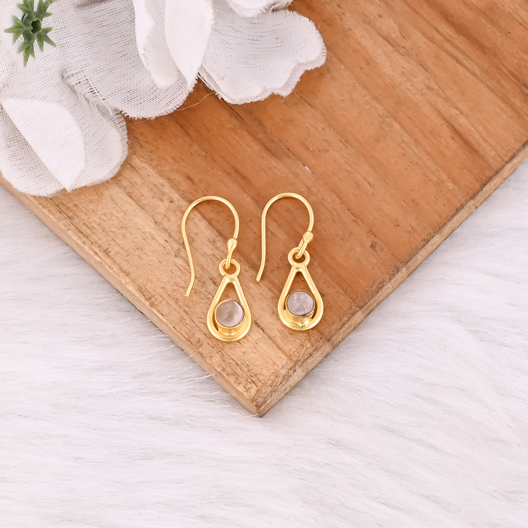 Natural Rose Quartz Gold Plated Teardrop Hook Earrings For Women