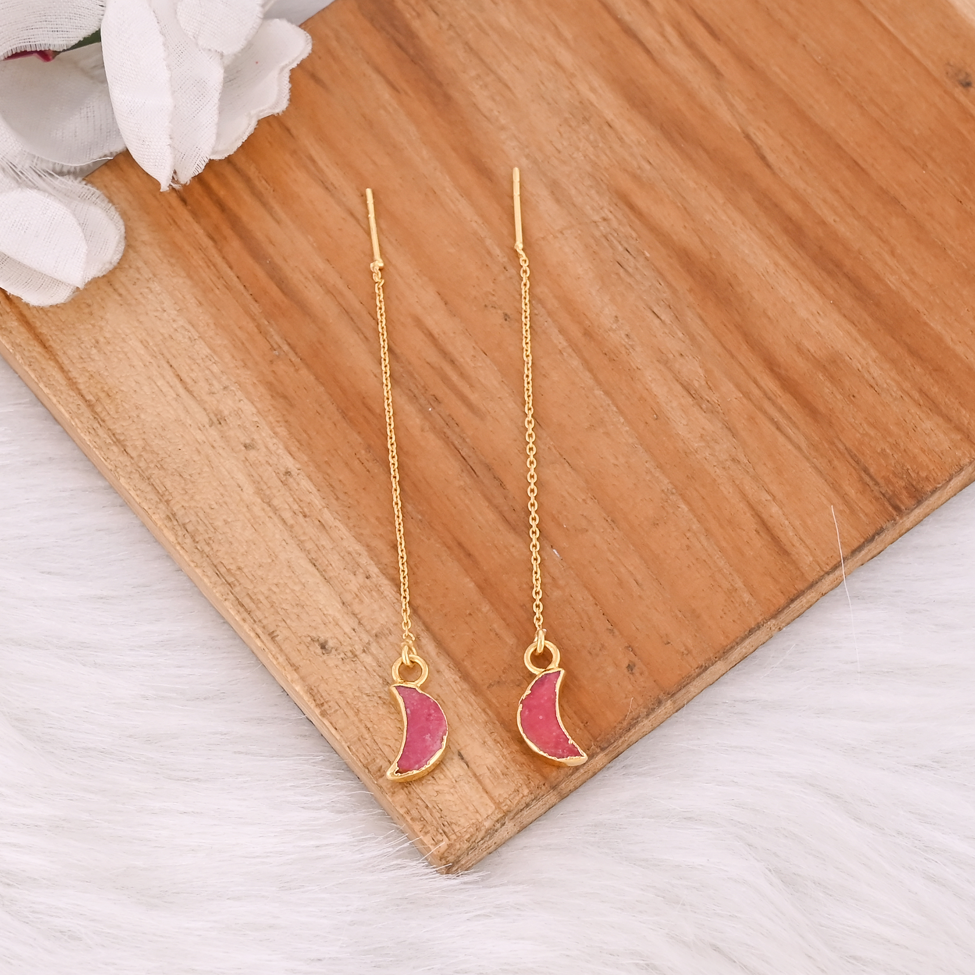 Minimalist Thulite Moon Threader Earrings Trendy Gemstone Jewelry For Women