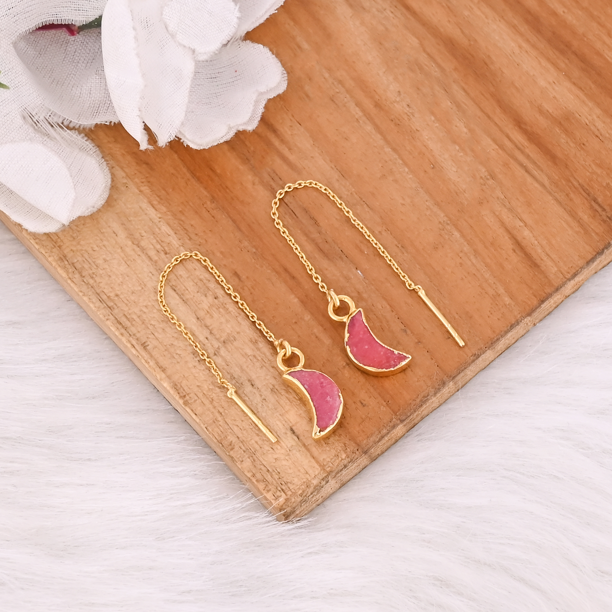 Minimalist Thulite Moon Threader Earrings Trendy Gemstone Jewelry For Women