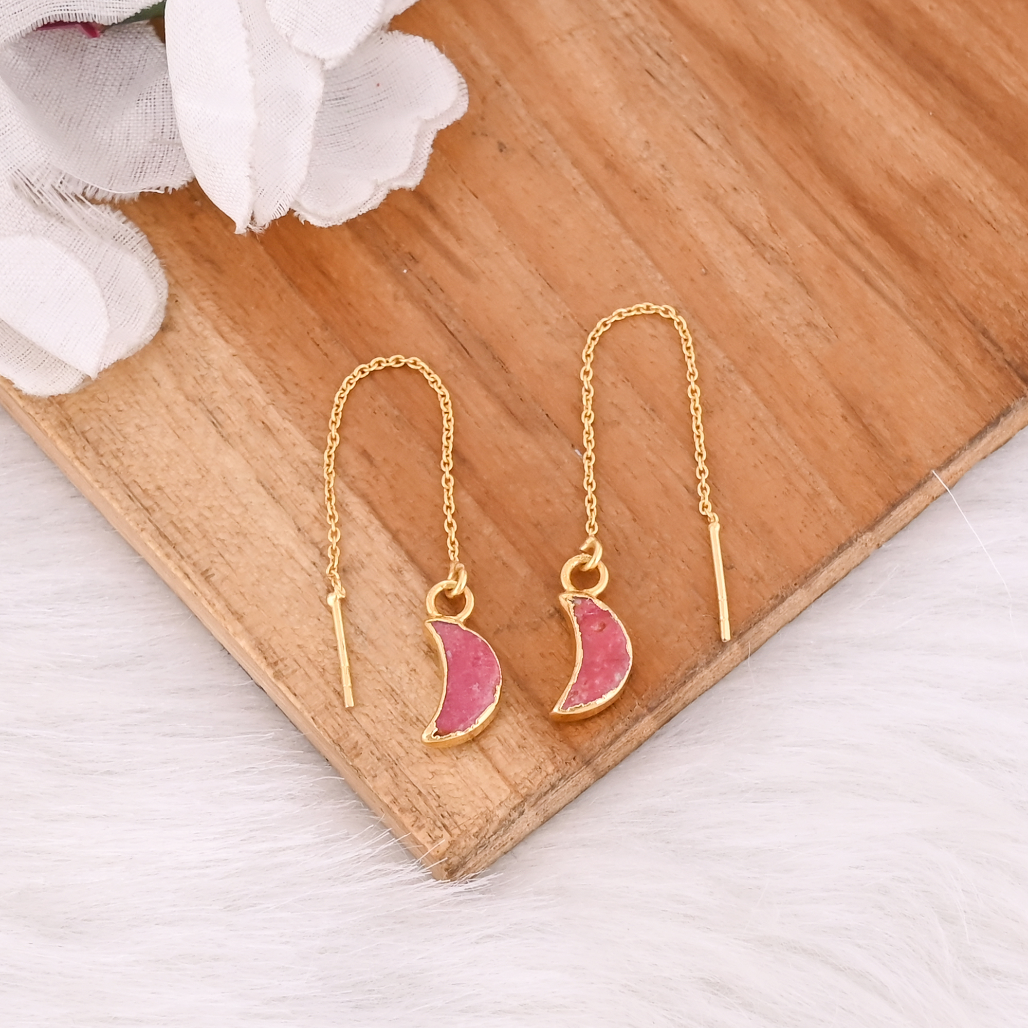 Minimalist Thulite Moon Threader Earrings Trendy Gemstone Jewelry For Women