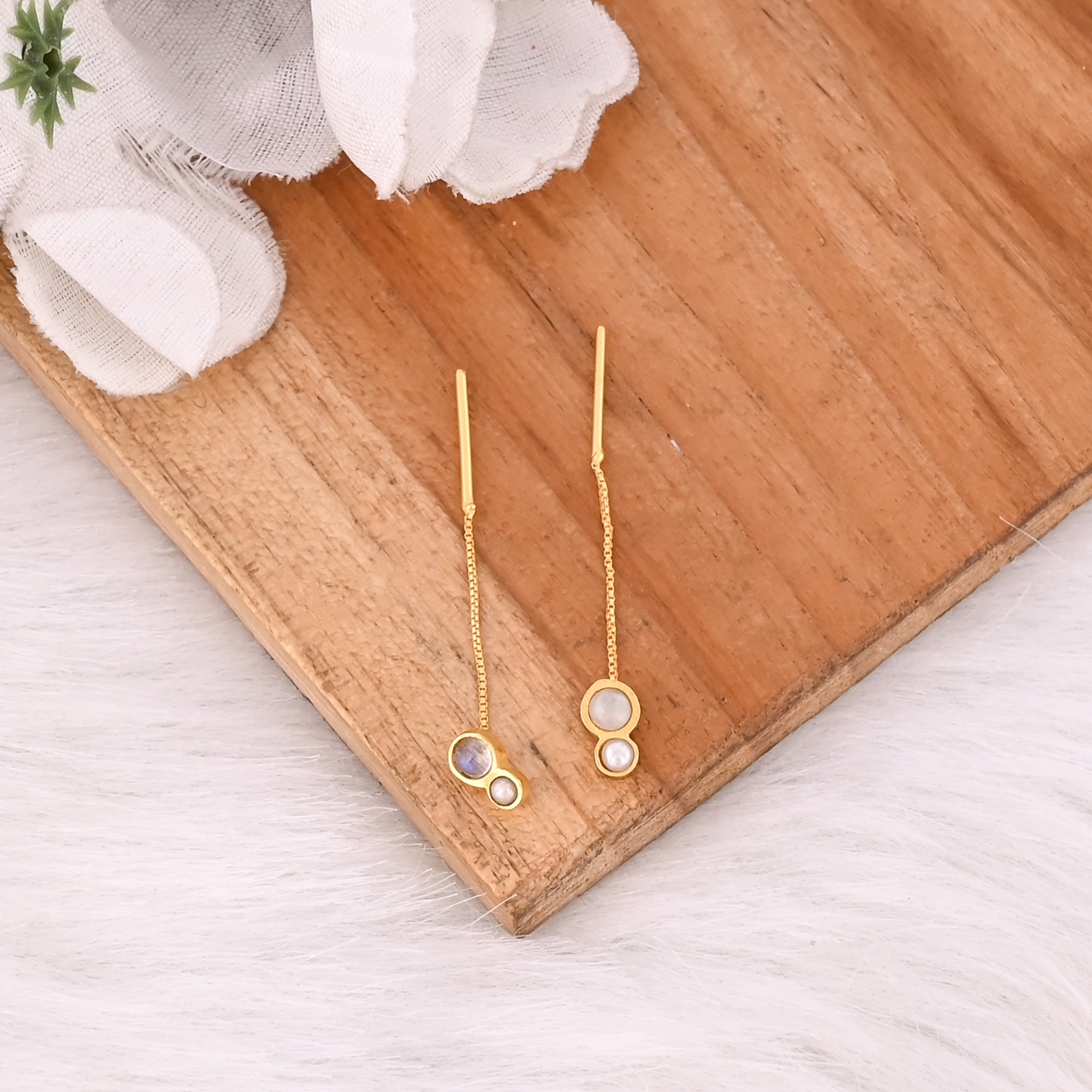 Natural Pearl  Rainbow Moonstone Threader Earrings Handmade Gemstone Jewelry for Women