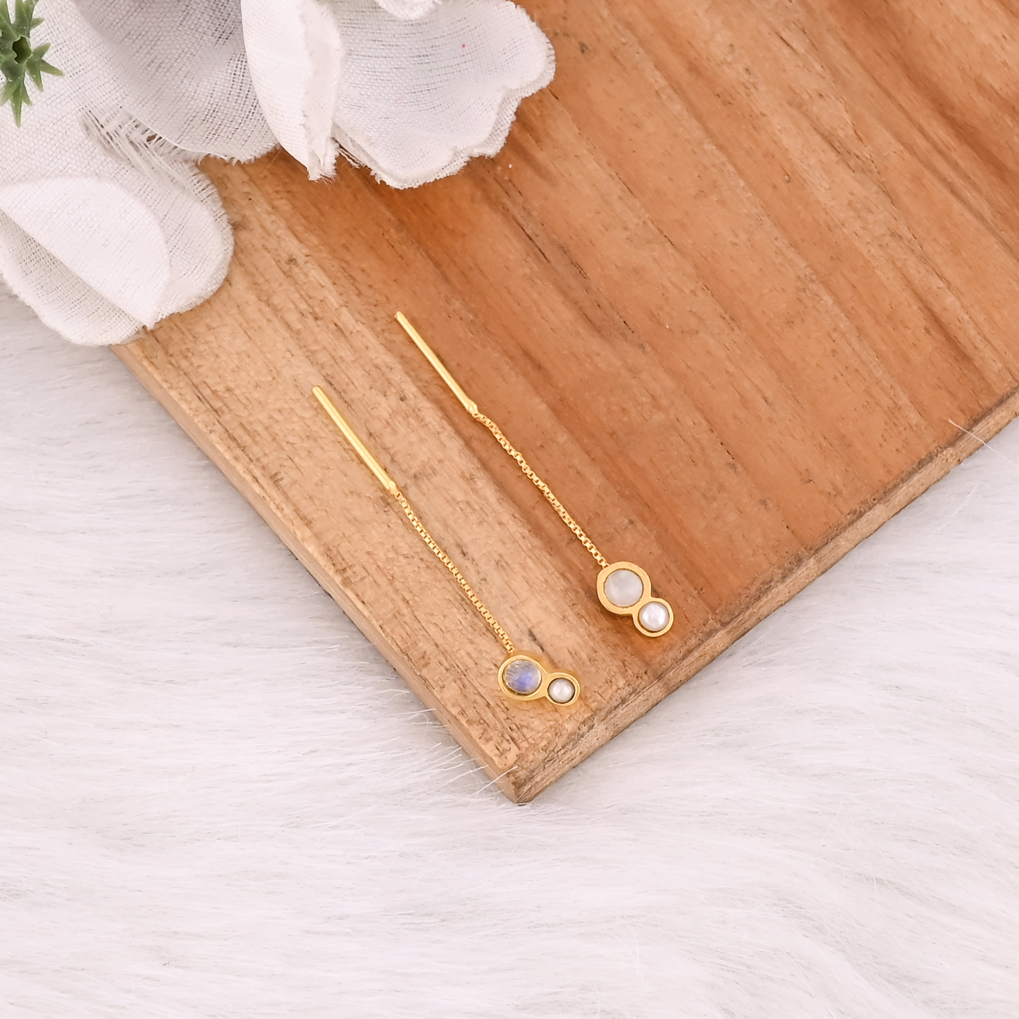 Natural Pearl  Rainbow Moonstone Threader Earrings Handmade Gemstone Jewelry for Women