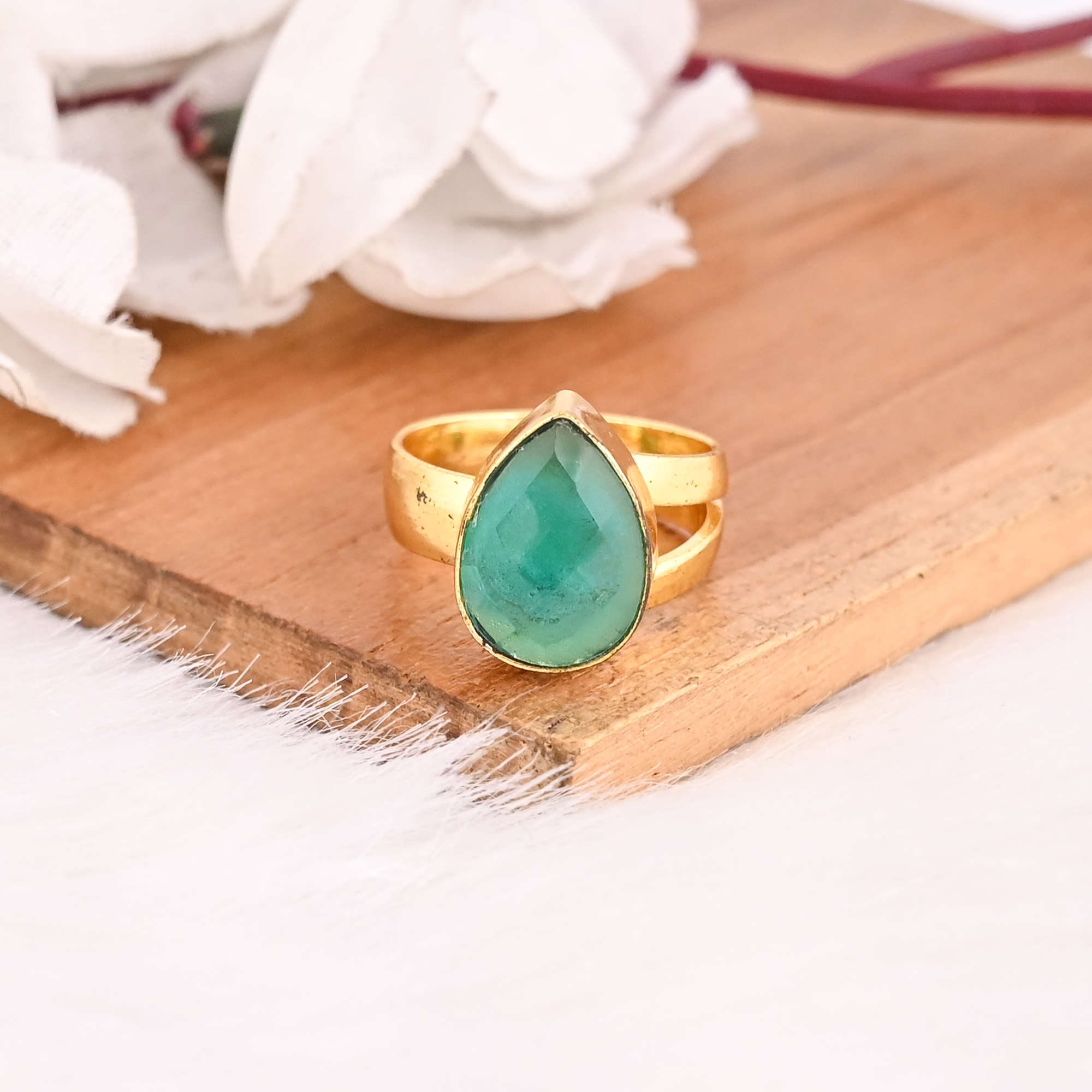 Vintage Apatite Hydro Brass Ring Handmade Adjustable Gemstone Jewelry for Women