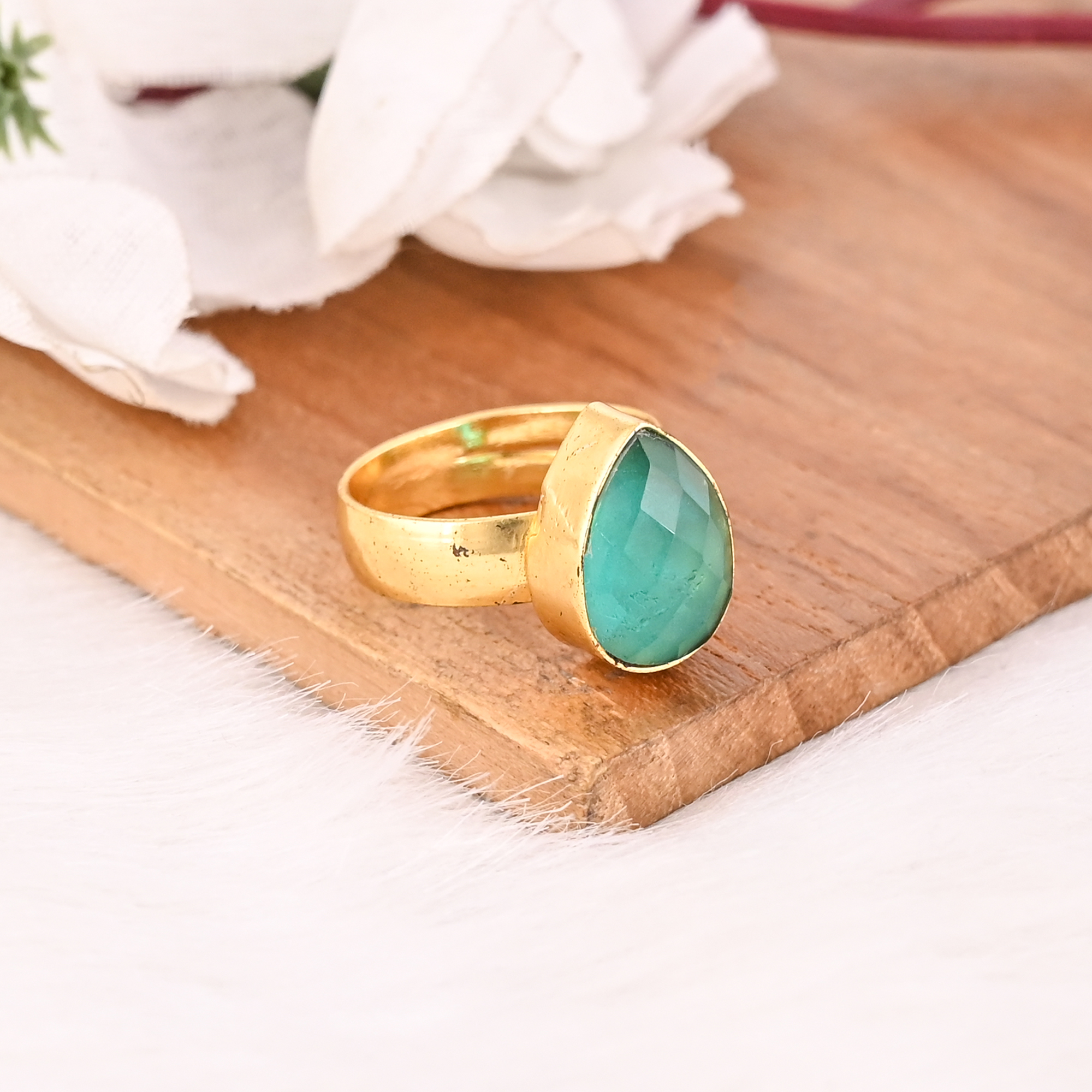 Vintage Apatite Hydro Brass Ring Handmade Adjustable Gemstone Jewelry for Women