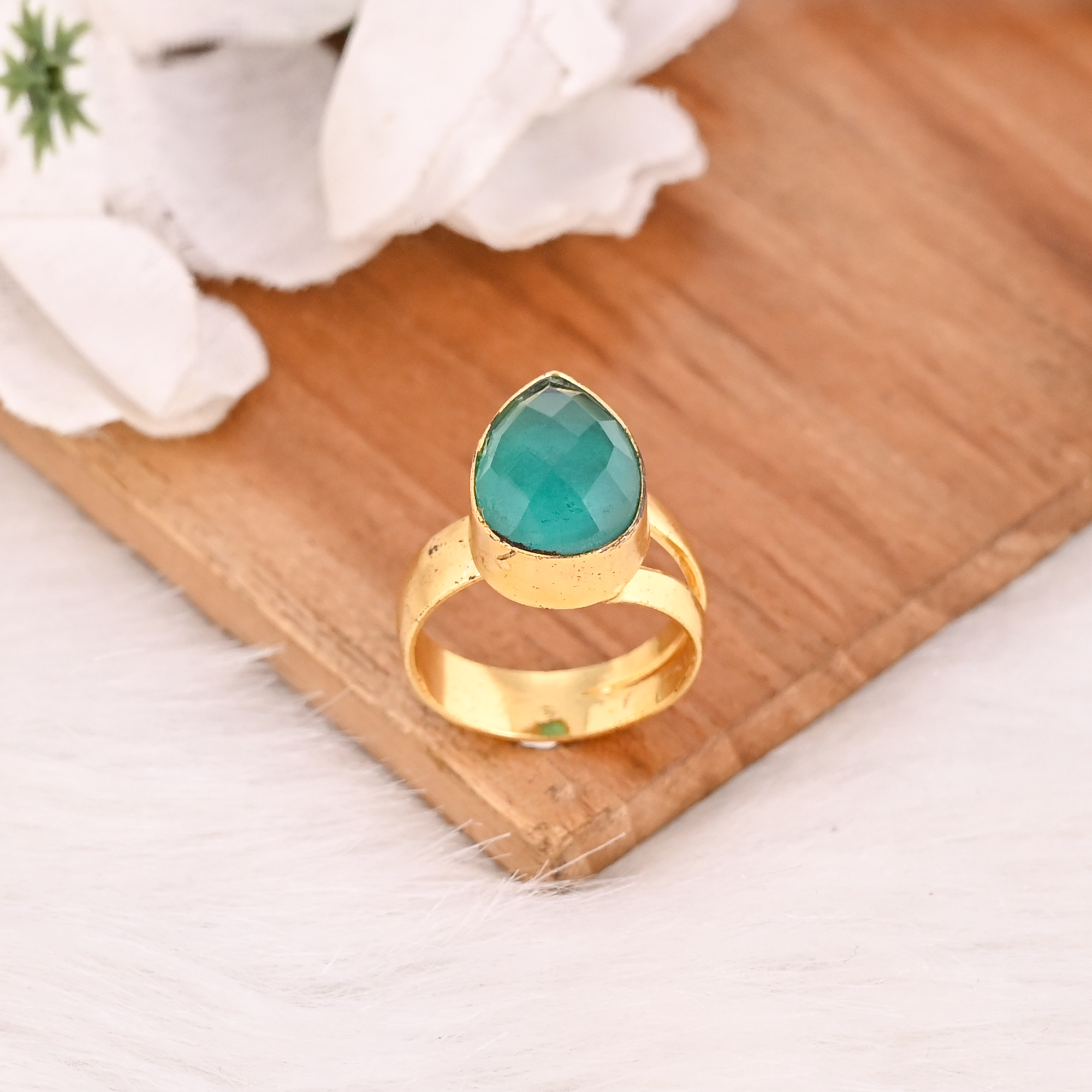 Vintage Apatite Hydro Brass Ring Handmade Adjustable Gemstone Jewelry for Women