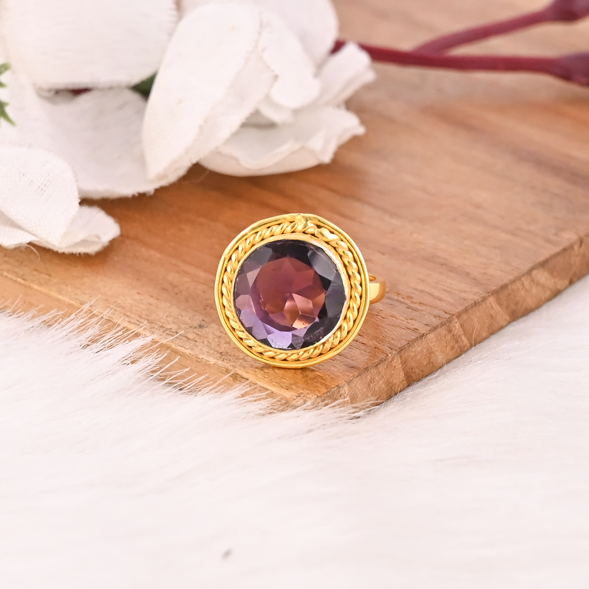 Vintage Style Purple Amethyst Hydro Ring Gold Plated Brass Gemstone Rings Stylish Daily Wear Fashion Jewelry for Women