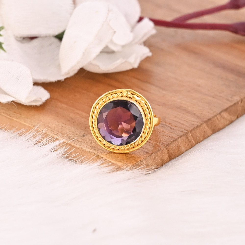 Image of Vintage Style Purple Amethyst Hydro Ring Gold Plated Brass Gemstone Rings Stylish Daily Wear Fashion Jewelry for Women