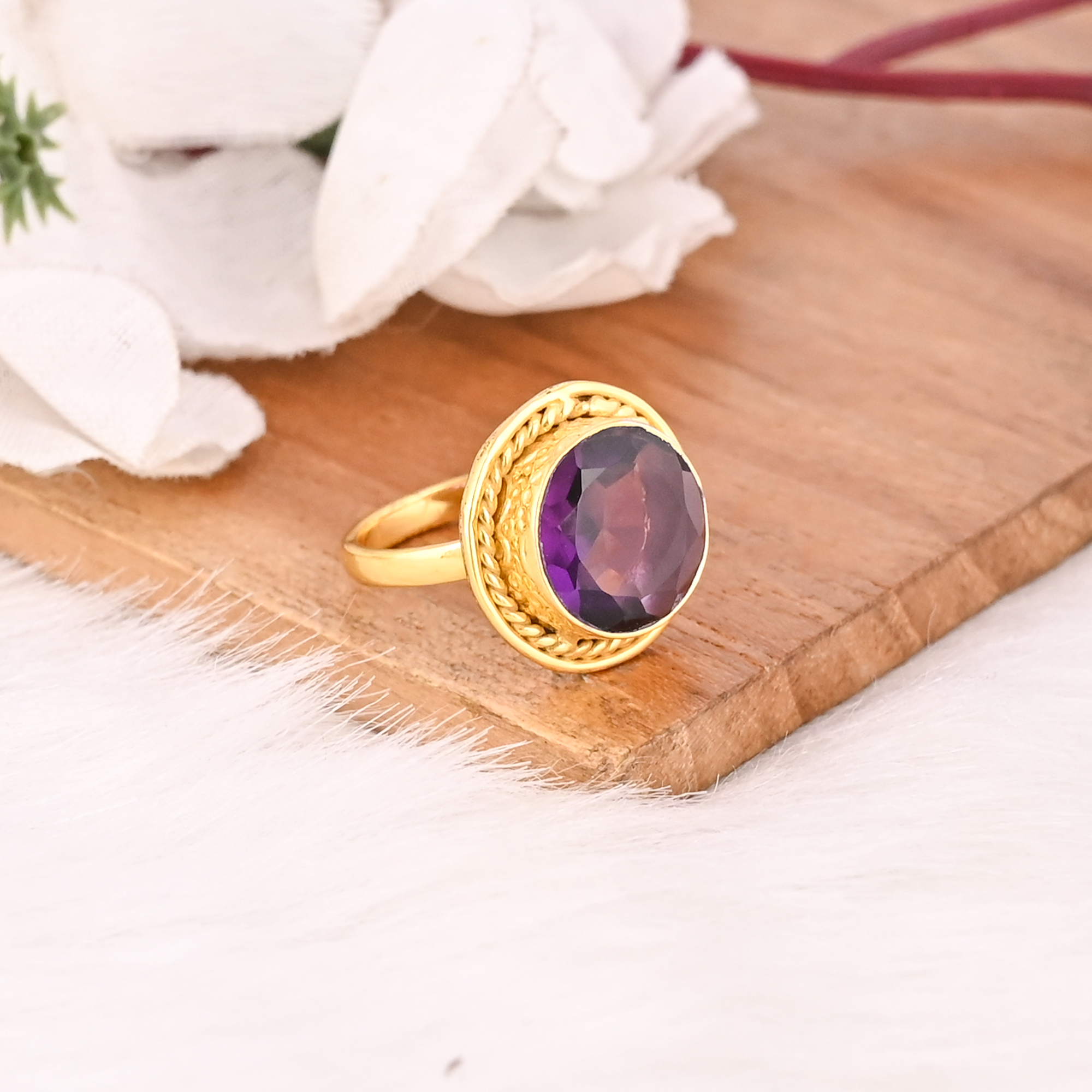 Vintage Style Purple Amethyst Hydro Ring Gold Plated Brass Gemstone Rings Stylish Daily Wear Fashion Jewelry for Women
