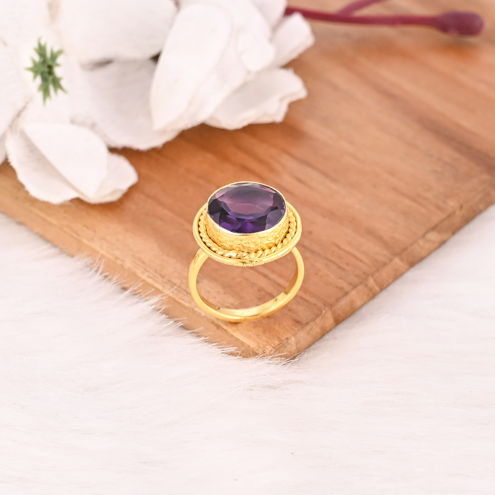 Vintage Style Purple Amethyst Hydro Ring Gold Plated Brass Gemstone Rings Stylish Daily Wear Fashion Jewelry for Women