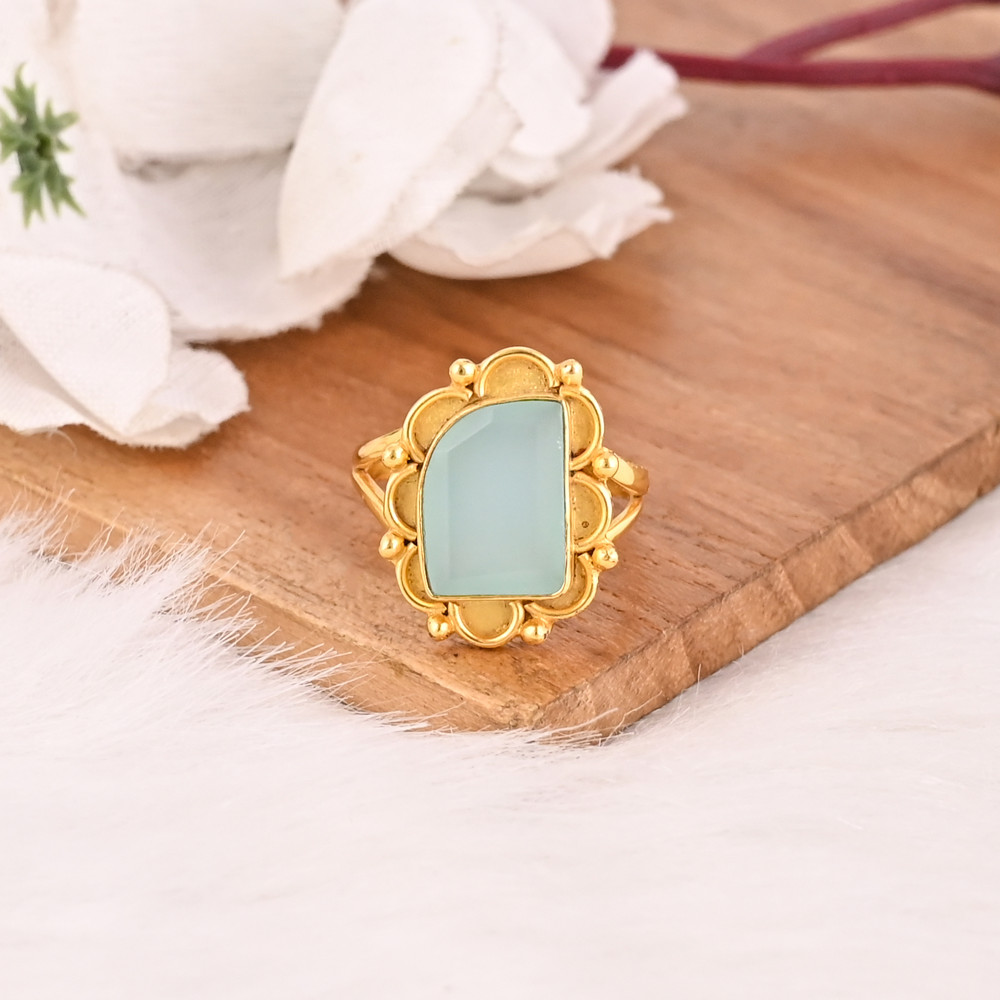 Image of Stylish Aqua Chalcedony Brass Ring for Women Gold Plated Gemstone Fashion Jewelry