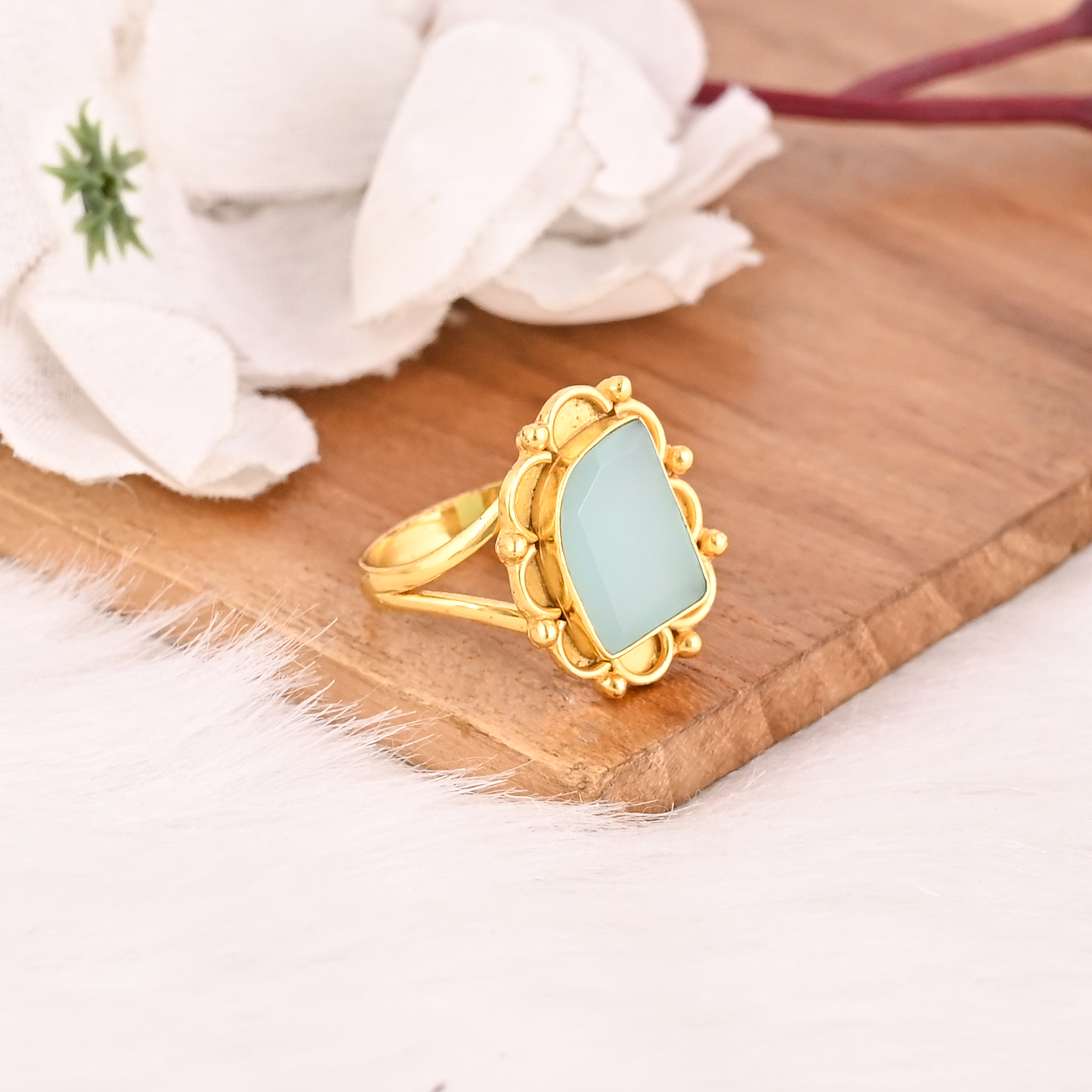 Stylish Aqua Chalcedony Brass Ring for Women Gold Plated Gemstone Fashion Jewelry
