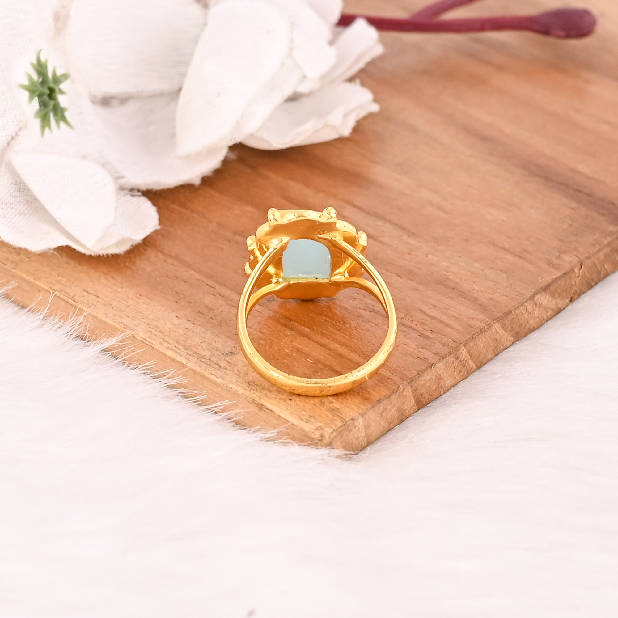 Stylish Aqua Chalcedony Brass Ring for Women Gold Plated Gemstone Fashion Jewelry