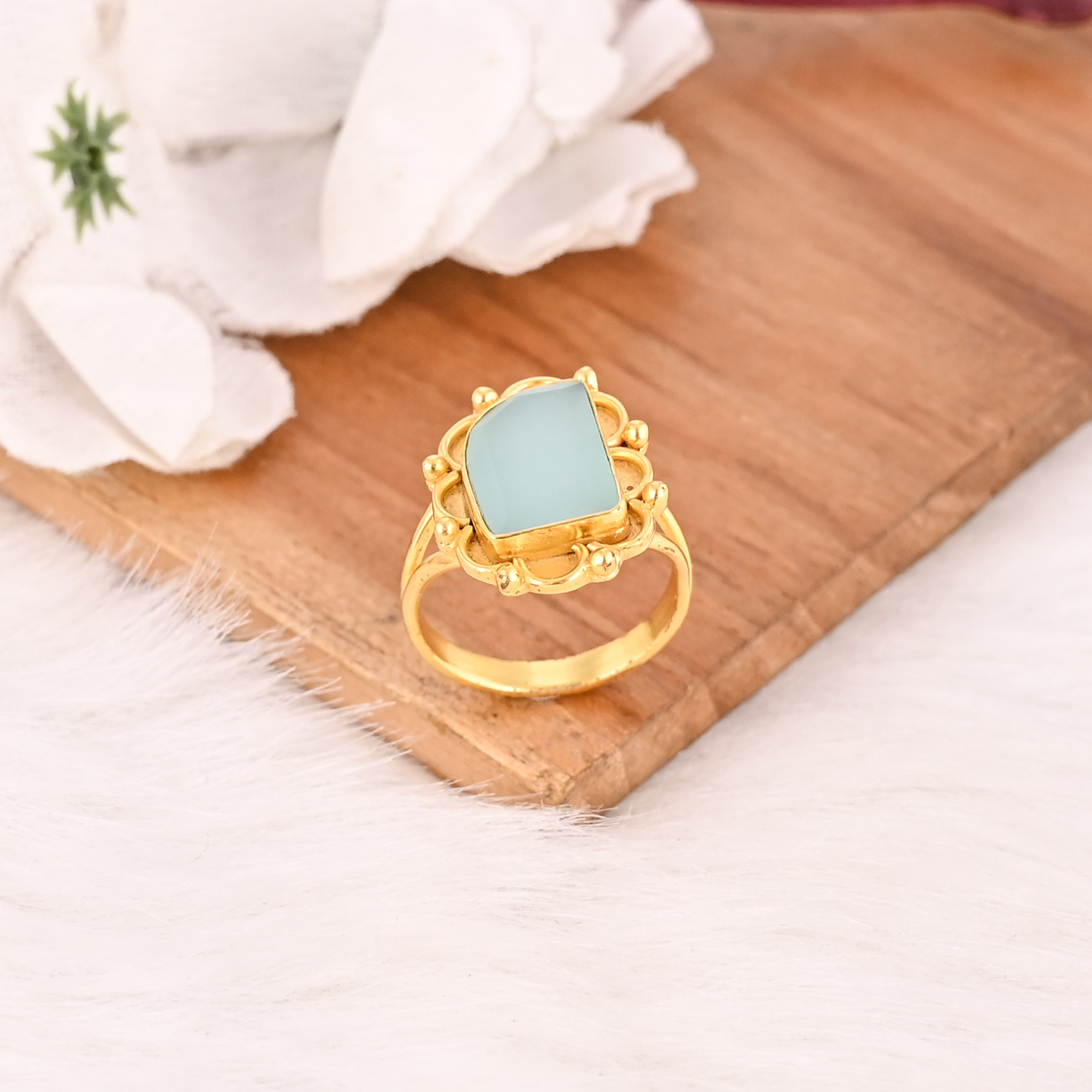 Stylish Aqua Chalcedony Brass Ring for Women Gold Plated Gemstone Fashion Jewelry