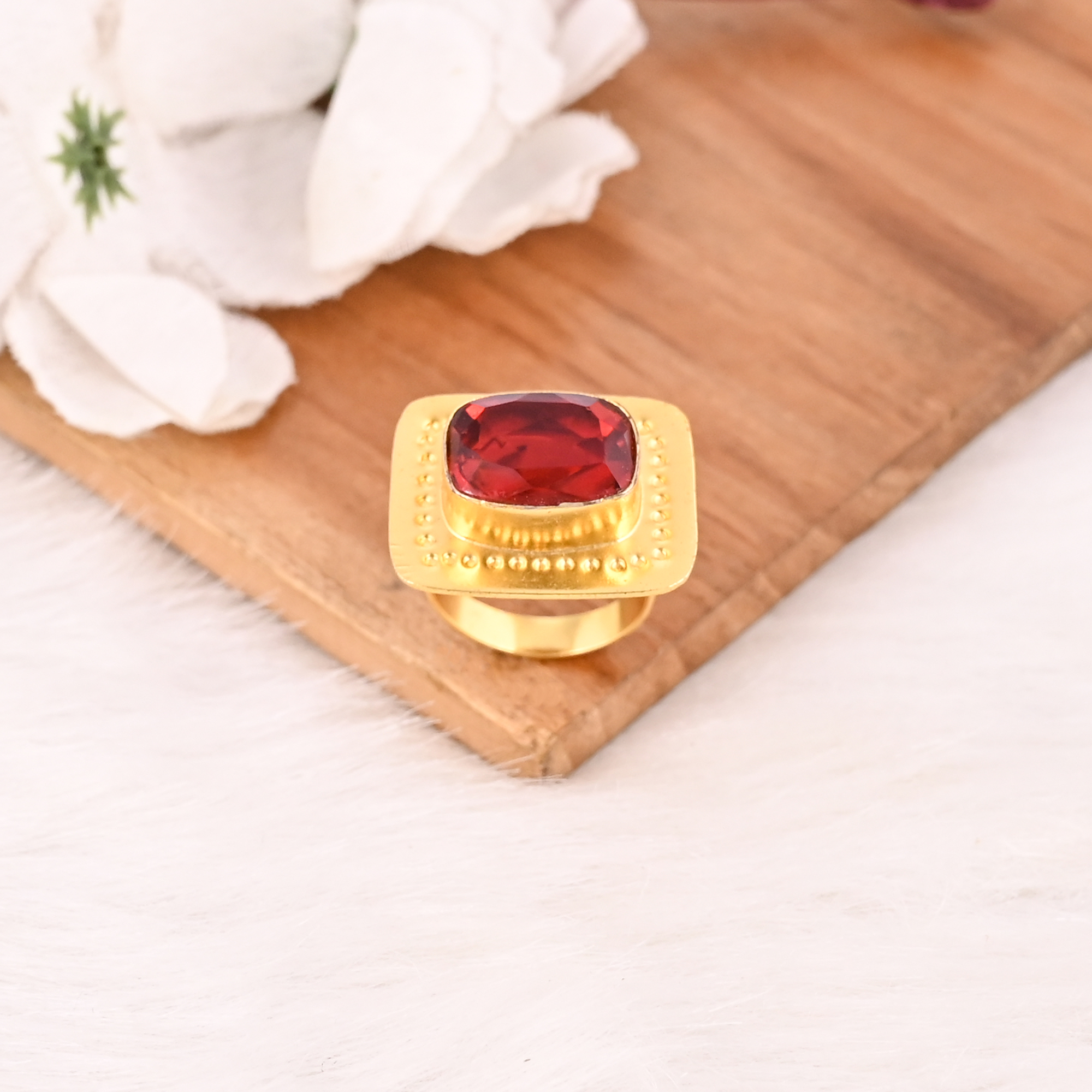 Classic Red Garnet Hydro Elegant Ring Handmade Gemstone Jewelry for Women