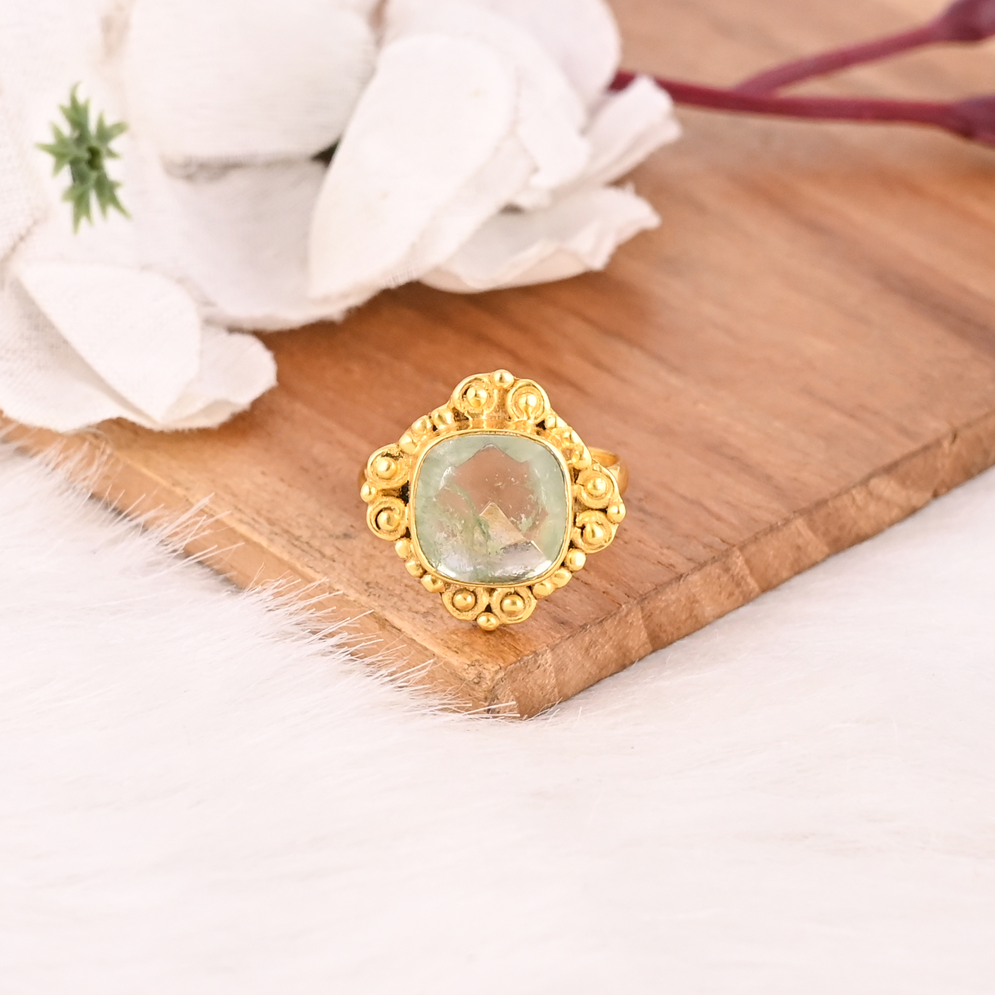 Fashion Aqua Crackle Glass Ring Handmade Gemstone Brass Jewelry for Women