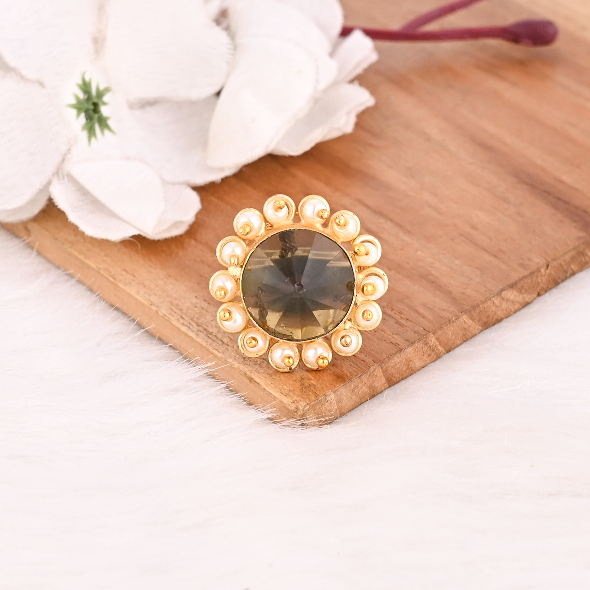 Green Tourmaline  Pearl Ring for Women Gold Plated Adjustable Fashion Jewelry