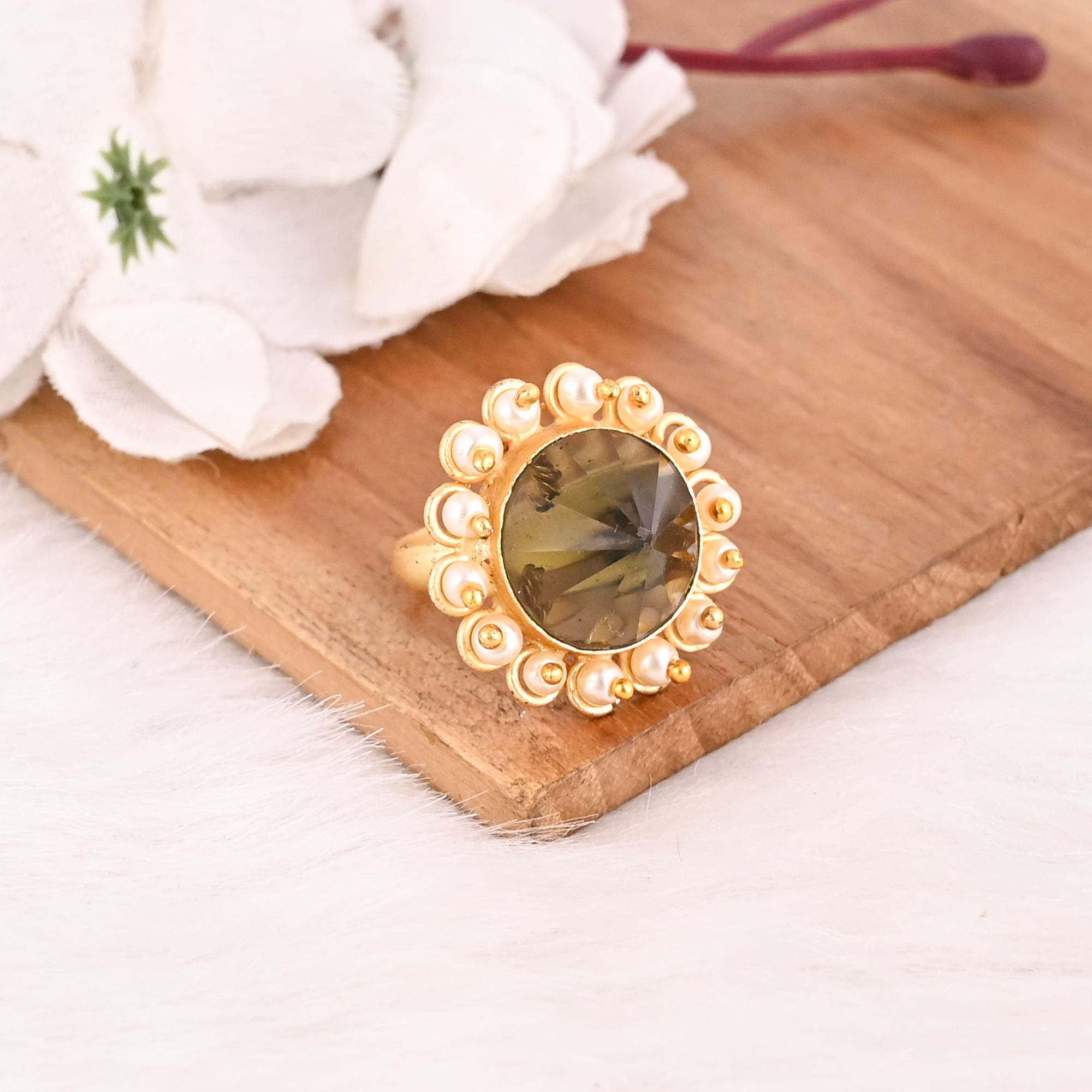 Green Tourmaline  Pearl Ring for Women Gold Plated Adjustable Fashion Jewelry