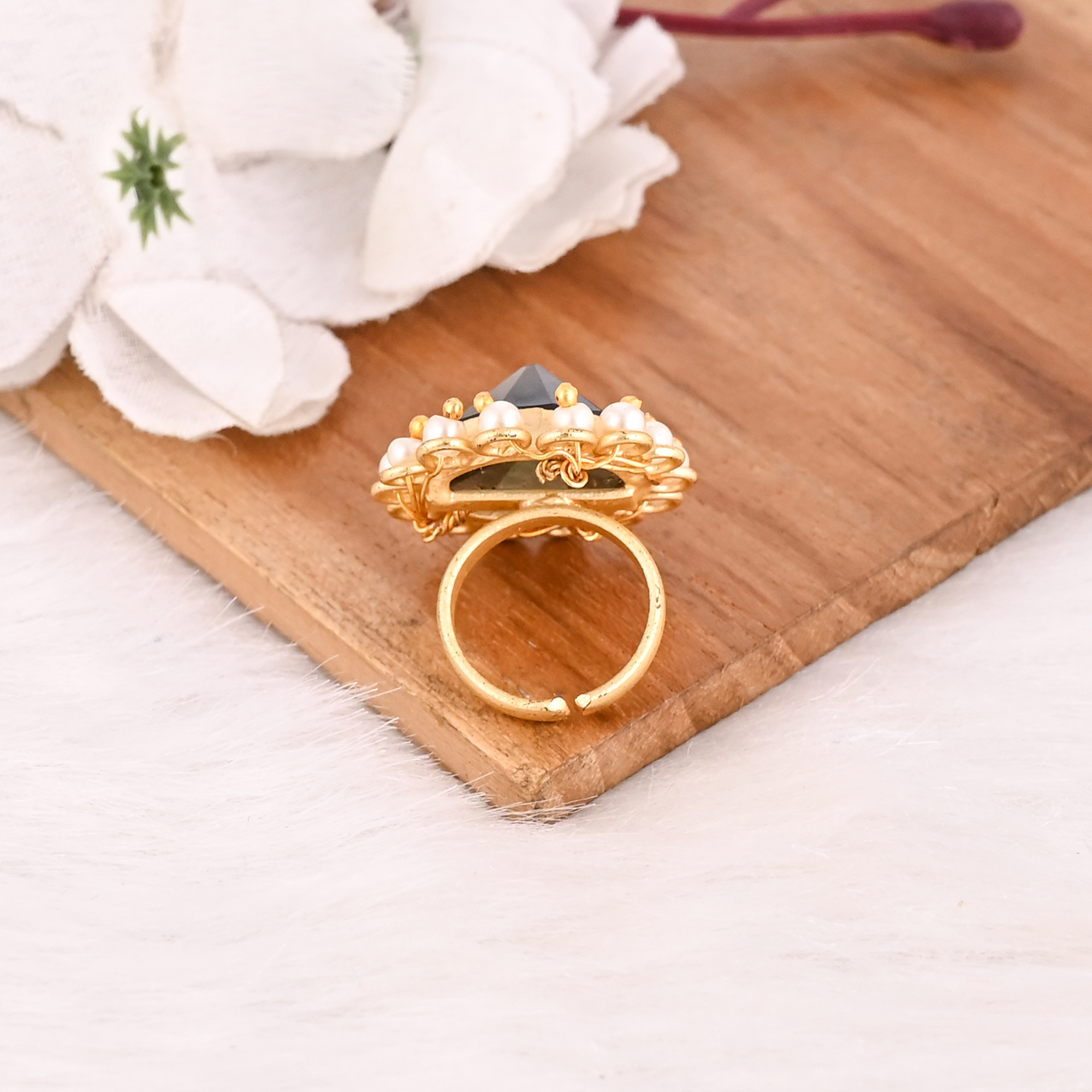 Green Tourmaline  Pearl Ring for Women Gold Plated Adjustable Fashion Jewelry