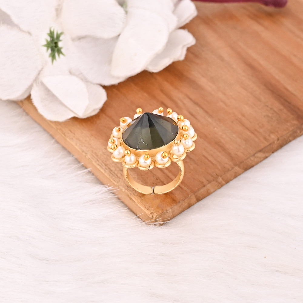 Image of Green Tourmaline &amp; Pearl Ring for Women Gold Plated Adjustable Fashion Jewelry