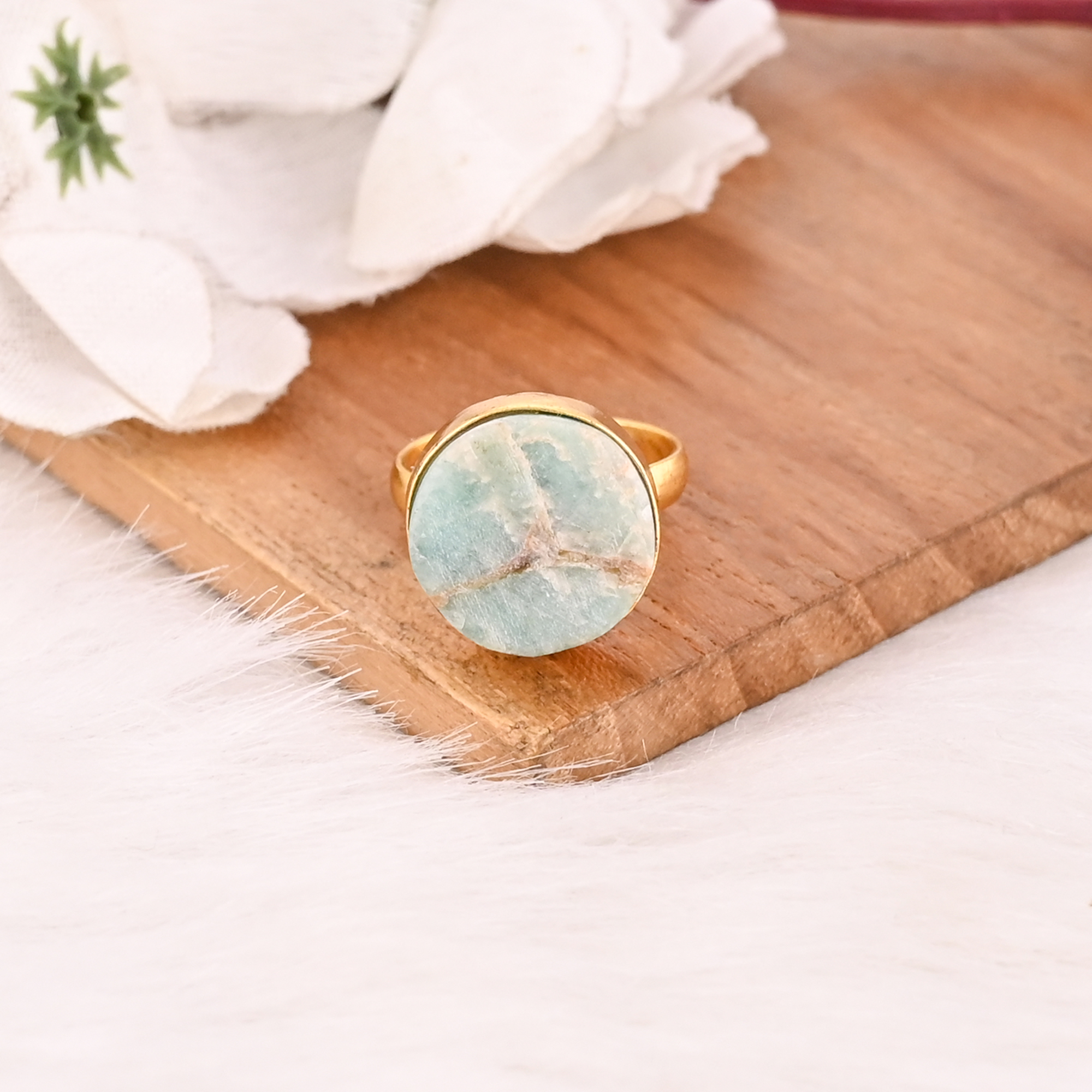 Handmade Adjustable Amazonite Brass Ring Gemstone Jewelry for Women