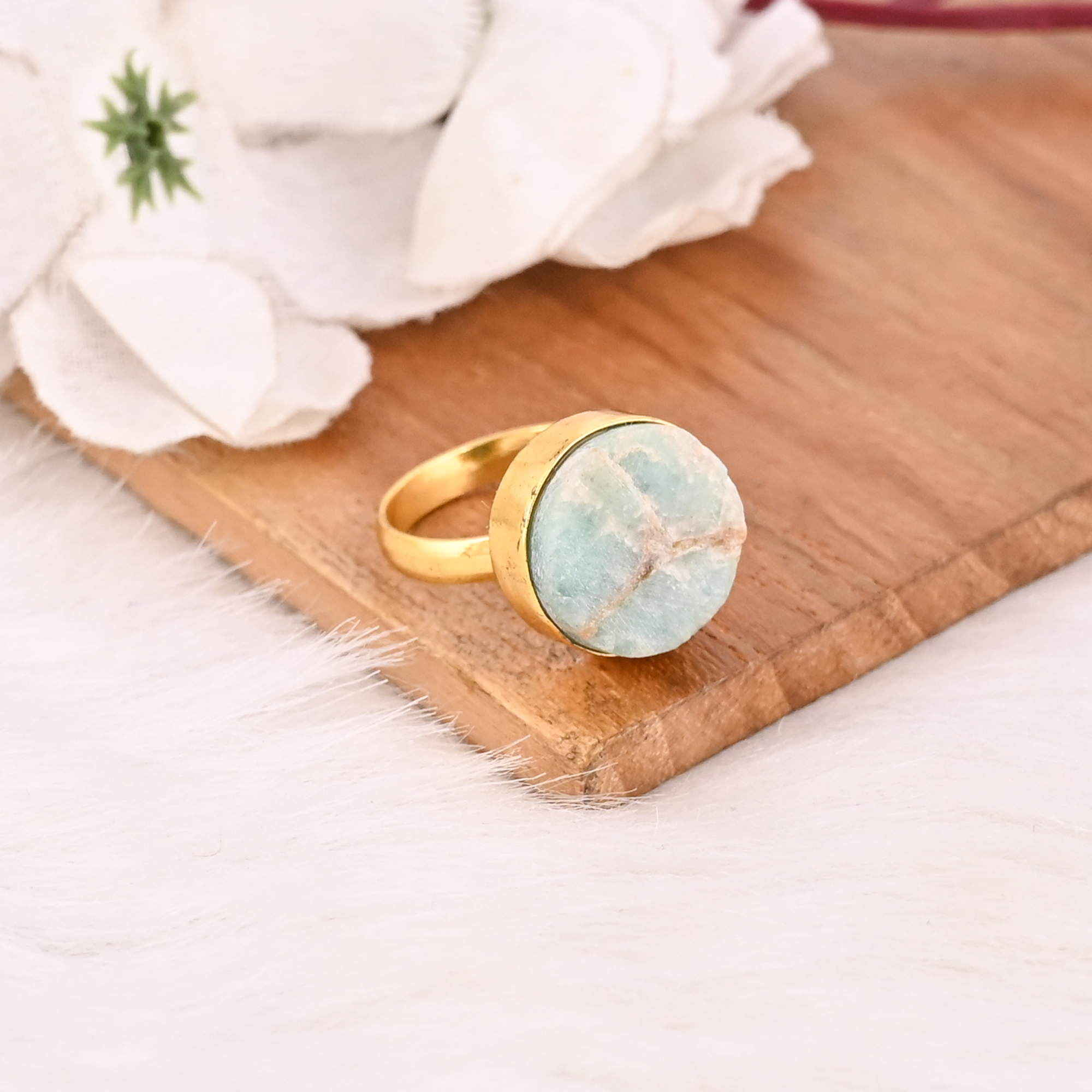 Handmade Adjustable Amazonite Brass Ring Gemstone Jewelry for Women