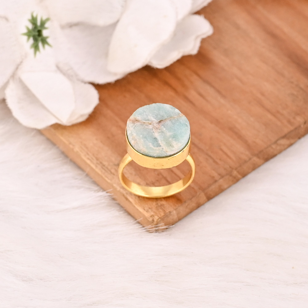 Image of Handmade Adjustable Amazonite Brass Ring Gemstone Jewelry for Women
