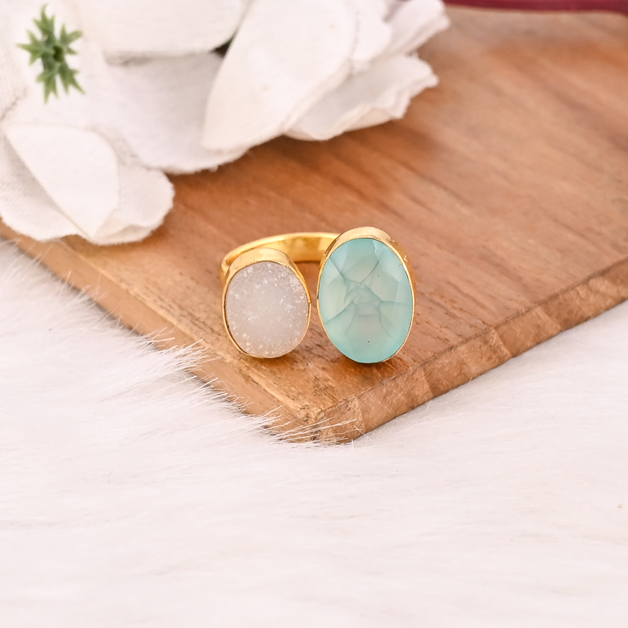 White Druzy Aqua Chalcedony Two Stone Ring Gold Plated Adjustable Fashion Jewelry for Women