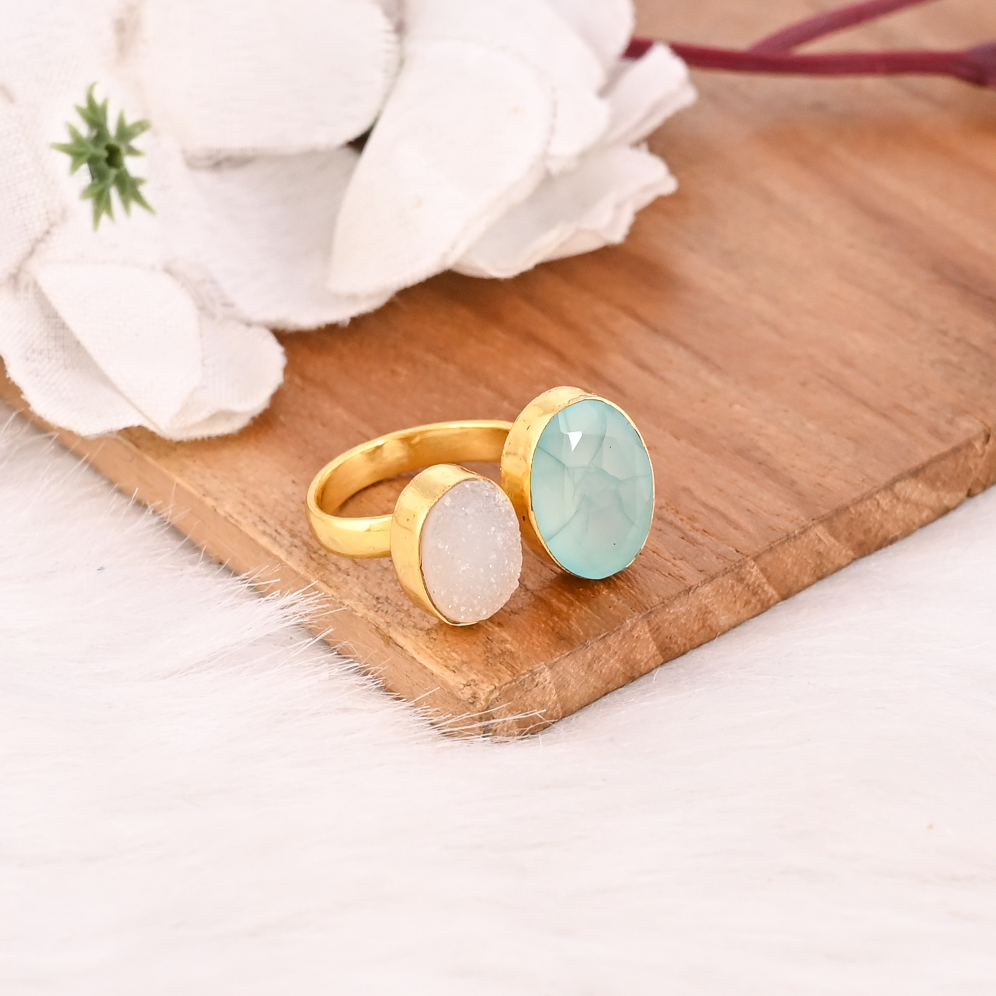 White Druzy Aqua Chalcedony Two Stone Ring Gold Plated Adjustable Fashion Jewelry for Women