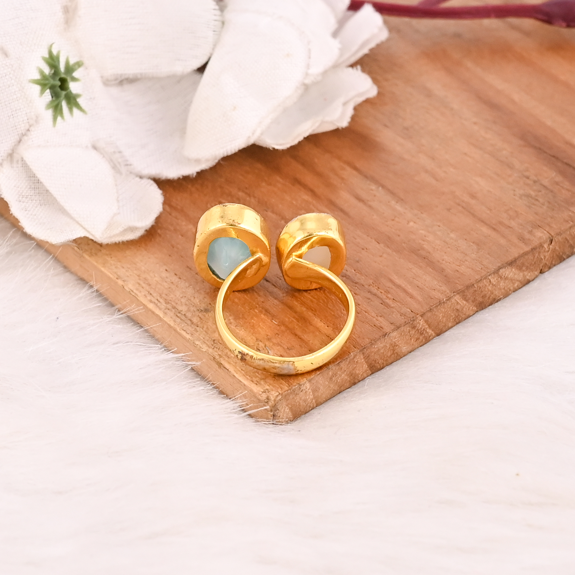 White Druzy Aqua Chalcedony Two Stone Ring Gold Plated Adjustable Fashion Jewelry for Women