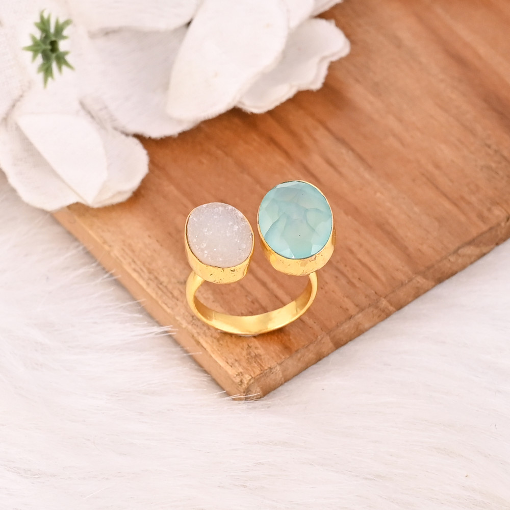 Image of White Druzy Aqua Chalcedony Two Stone Ring Gold Plated Adjustable Fashion Jewelry for Women
