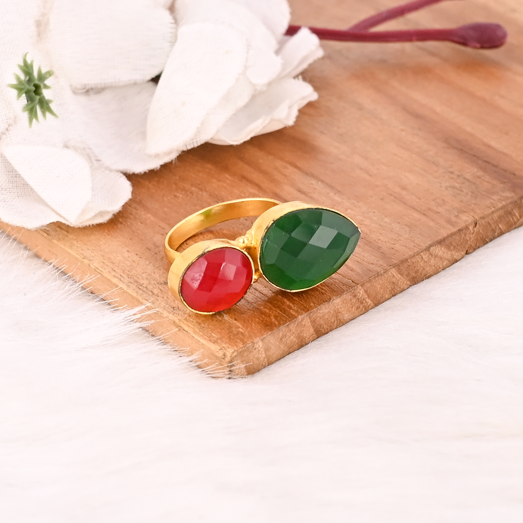 Classic Nano Garnet Hydro  Green Hydro Two Stone Ring Handmade Gemstone Jewelry for Women