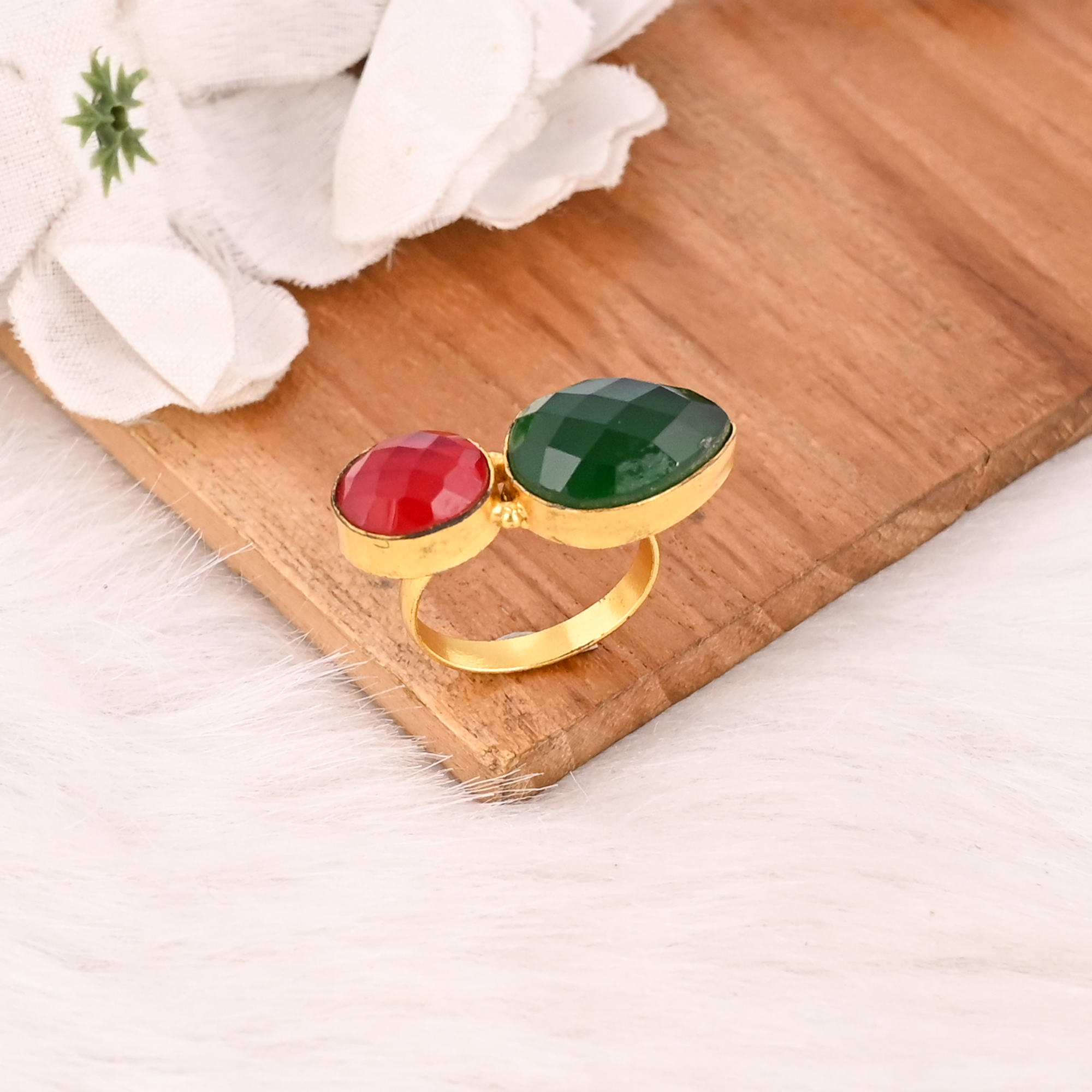 Classic Nano Garnet Hydro  Green Hydro Two Stone Ring Handmade Gemstone Jewelry for Women