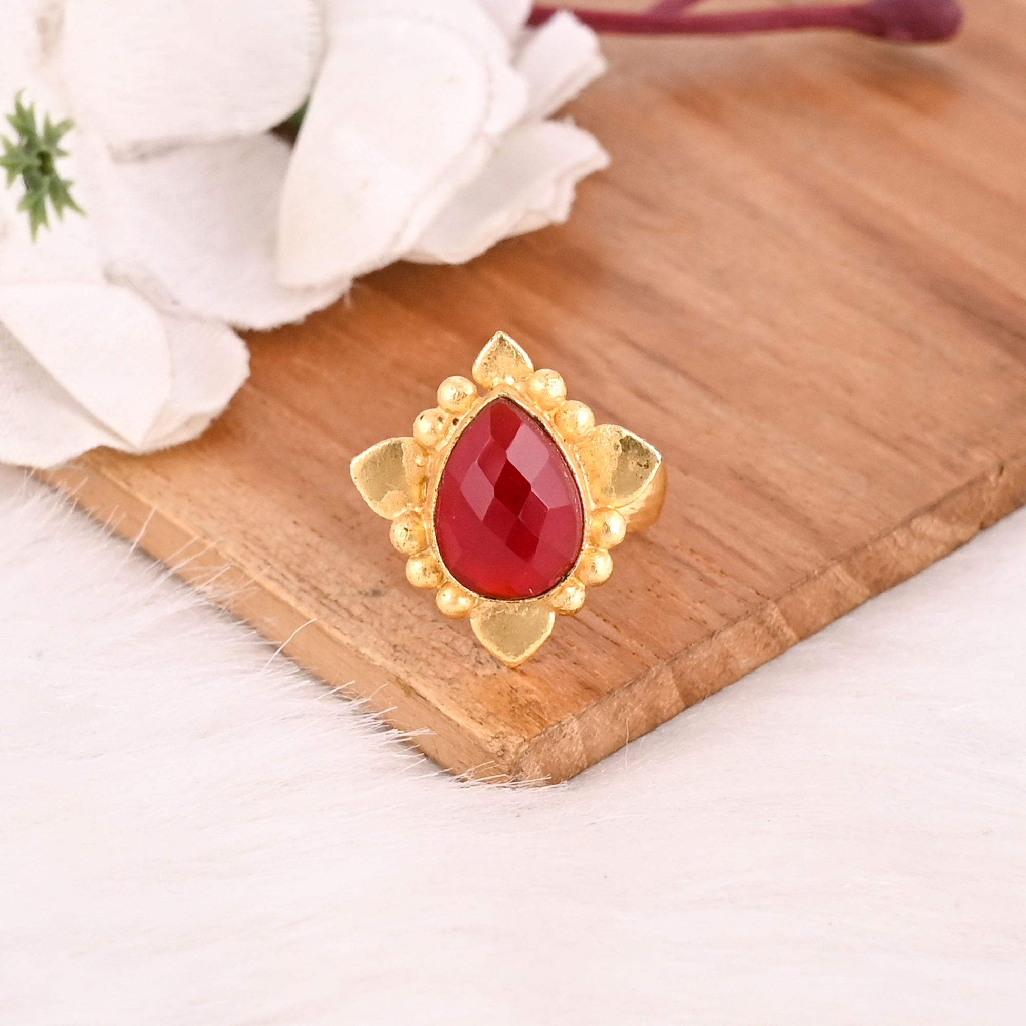 Elegant Hydro Nano Garnet Brass Ring Handmade Adjustable Fashion Ring