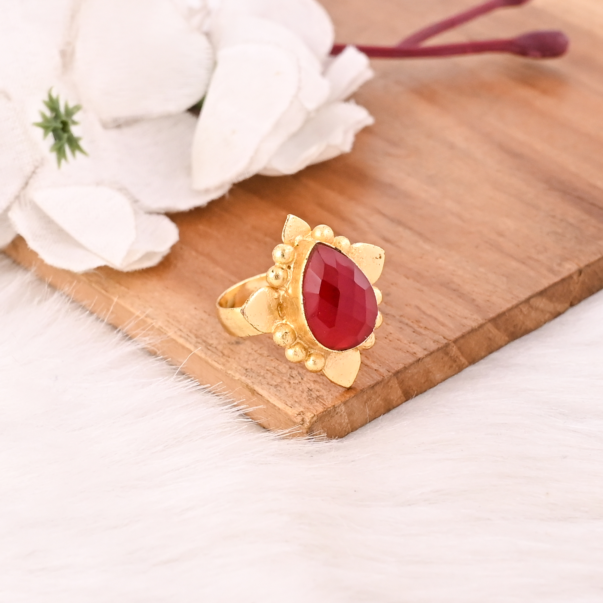 Elegant Hydro Nano Garnet Brass Ring Handmade Adjustable Fashion Ring