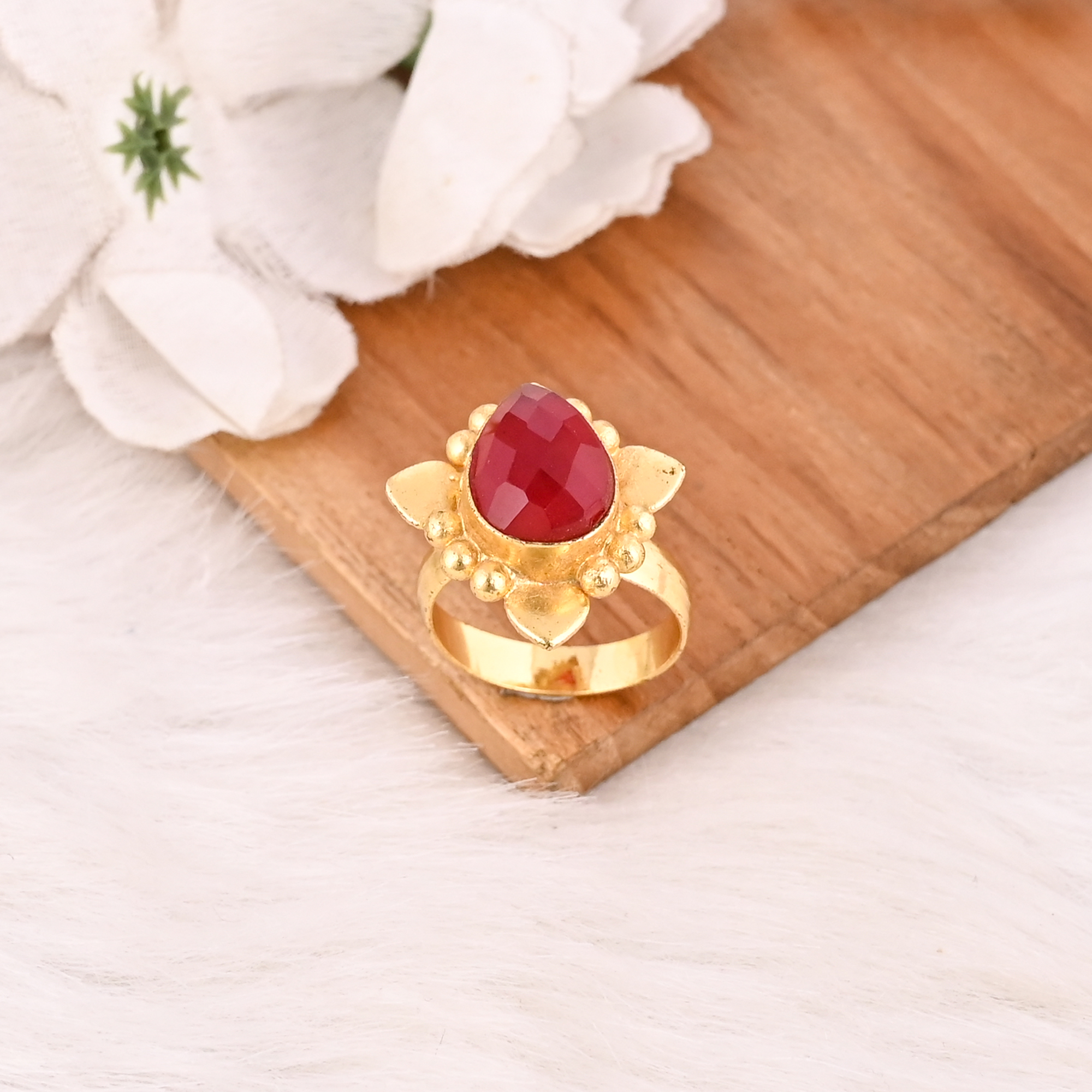 Elegant Hydro Nano Garnet Brass Ring Handmade Adjustable Fashion Ring