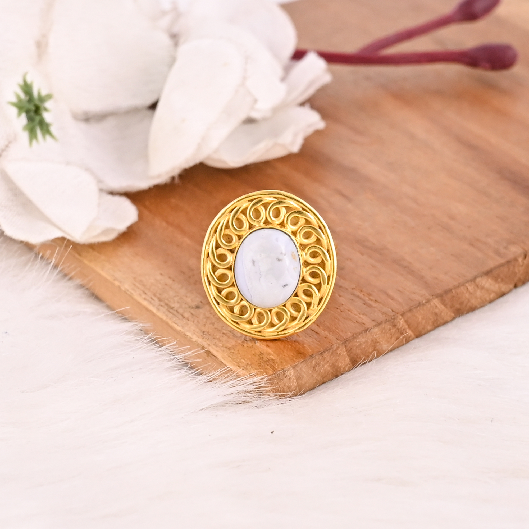 Blue Lace Agate Natural Stone Brass Ring for Women Gold Plated Fashion Jewelry